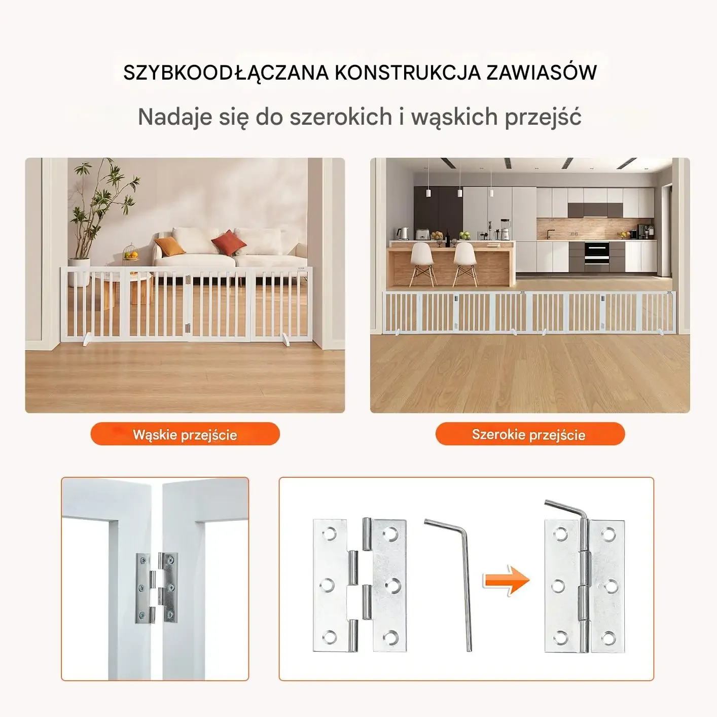 Bramka dla psa składana 4-panelowa, biała, 50x61 cm, szer. do 204 cm - obrazek 2