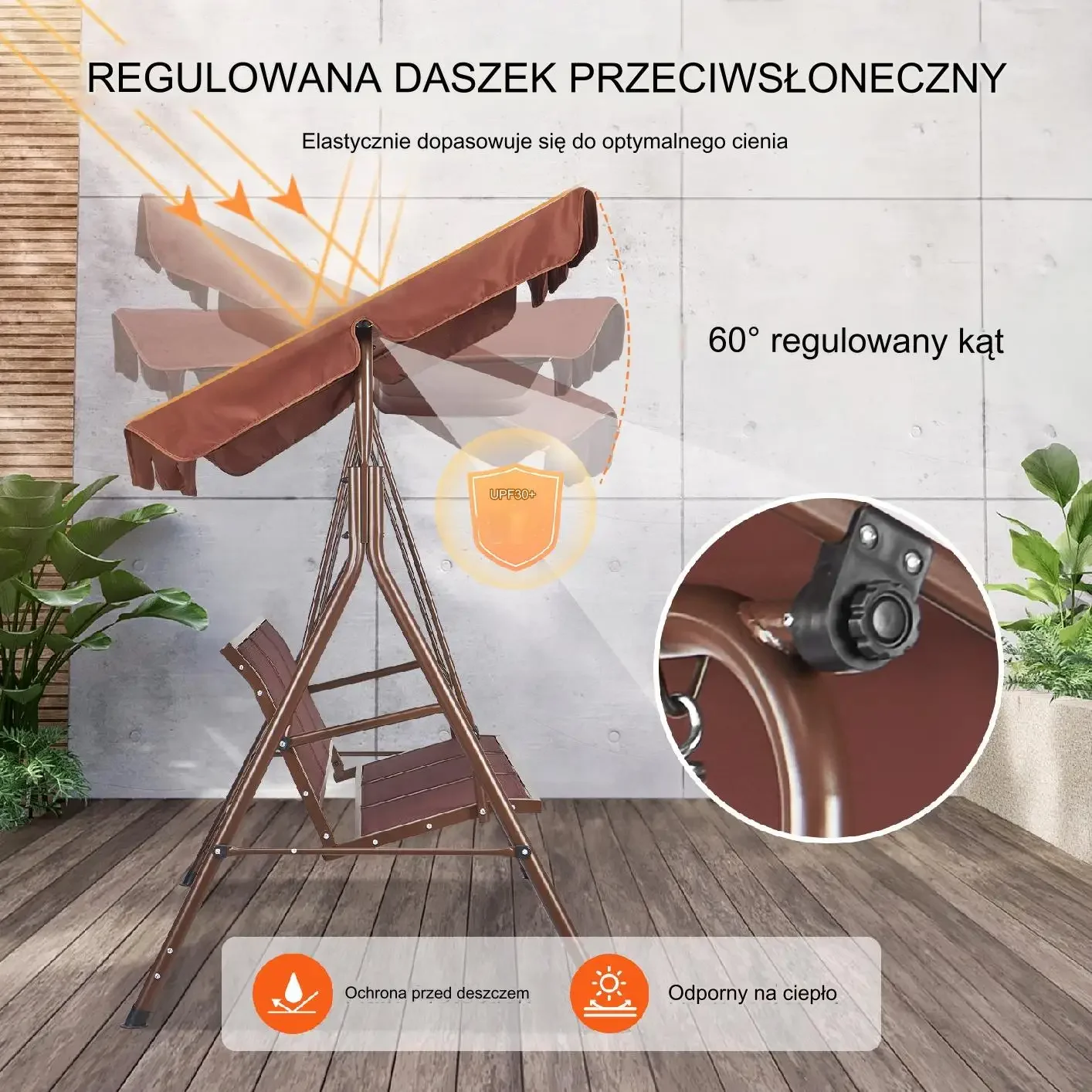 Huśtawka ogrodowa 3-osobowa z podłokietnikami brązowy 174 cm - obrazek 4