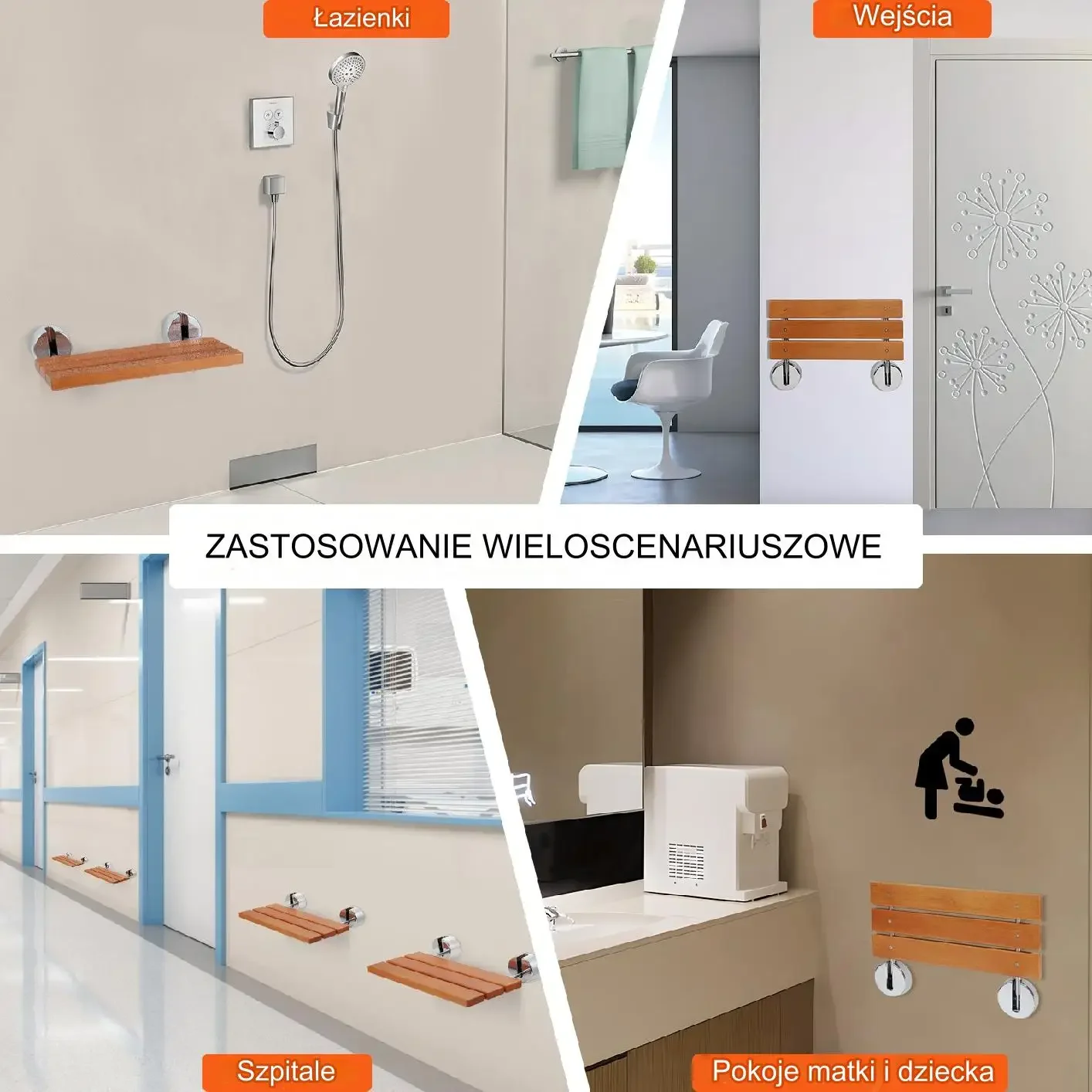 Siedzisko prysznicowe składane teak ścienne 200 kg wytrzymałe bezpieczne - obrazek 4