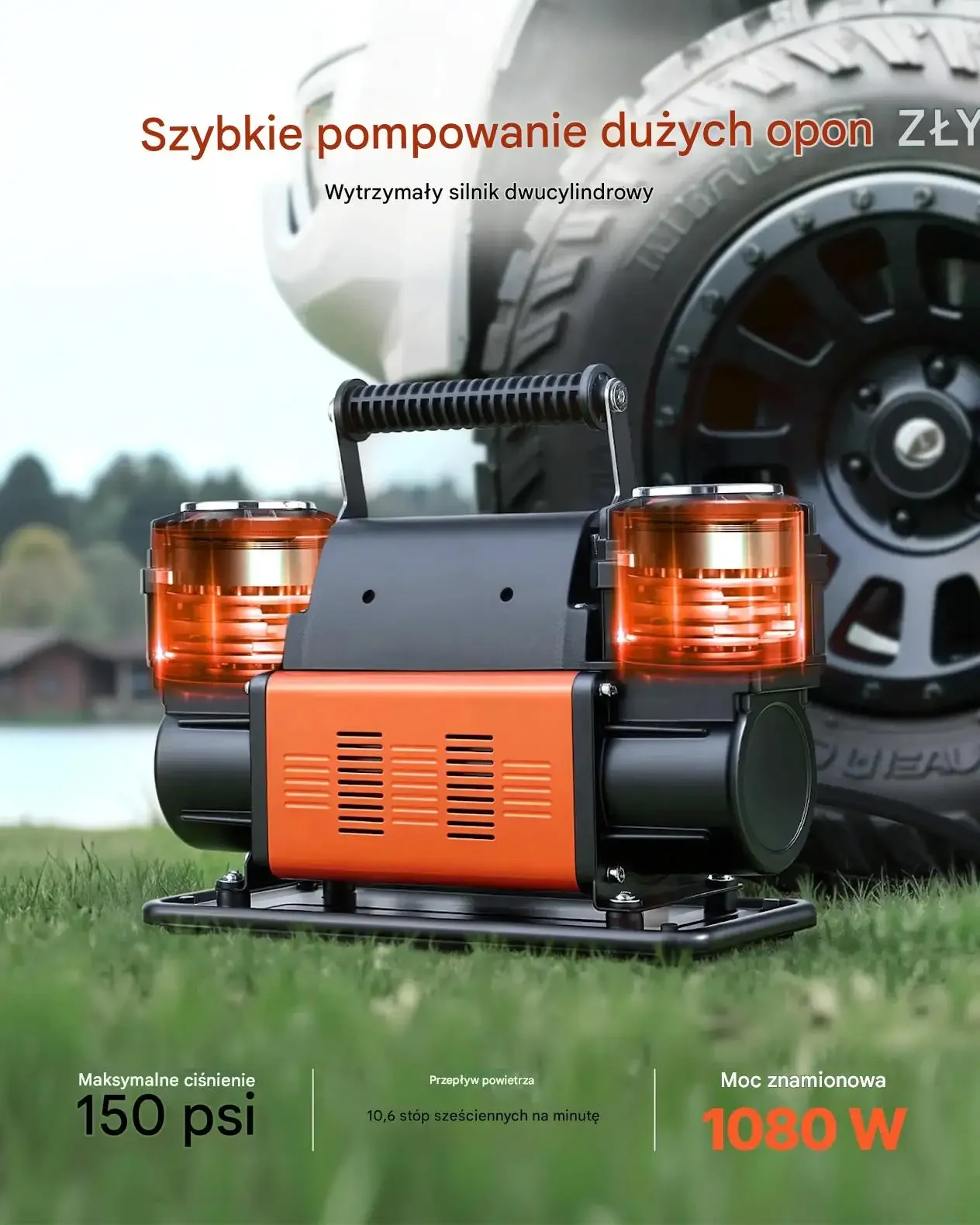 Kompresor samochodowy 12V 150 PSI 300 l/min dwutłokowy do opon auto 4x4 SUV - obrazek 2