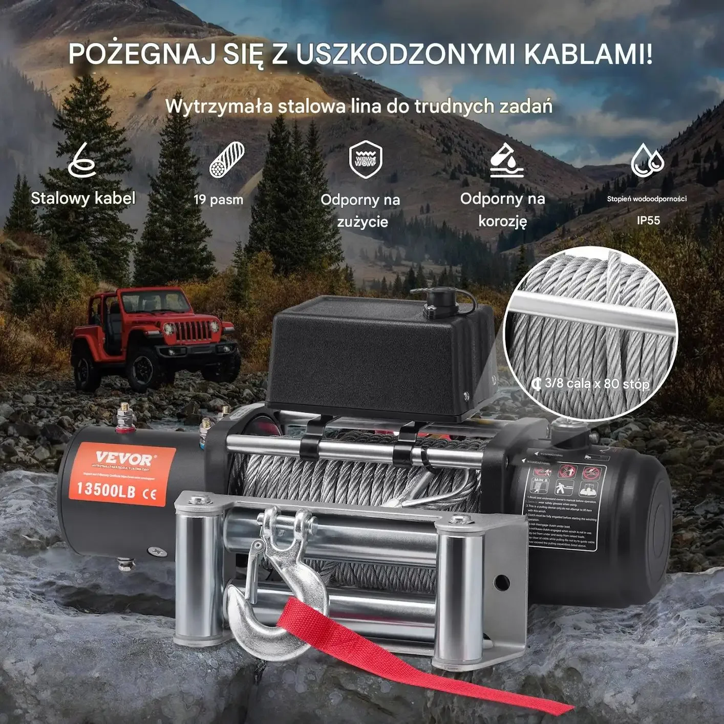 Wyciągarka elektryczna 6123 kg stalowa lina pilot do auta terenowego - obrazek 4