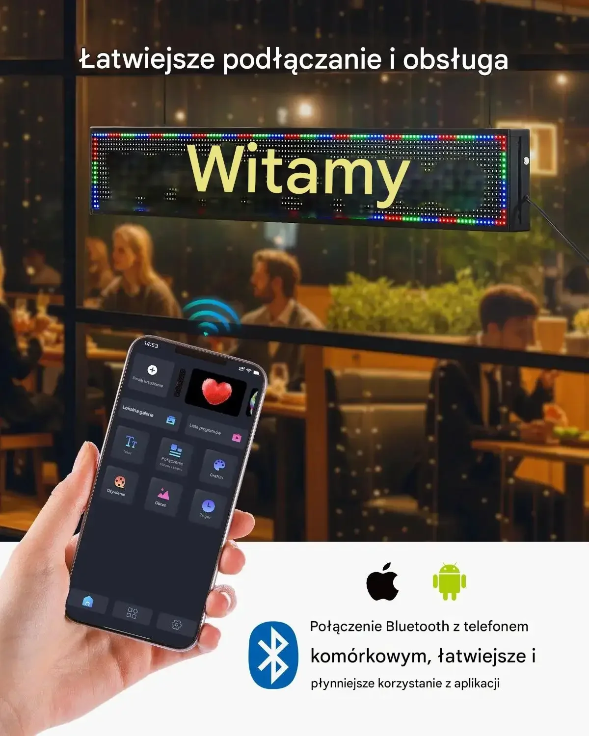 Tablica LED programowalna RGB 132x20cm cm Bluetooth tekst GIF reklama sklep - obrazek 3