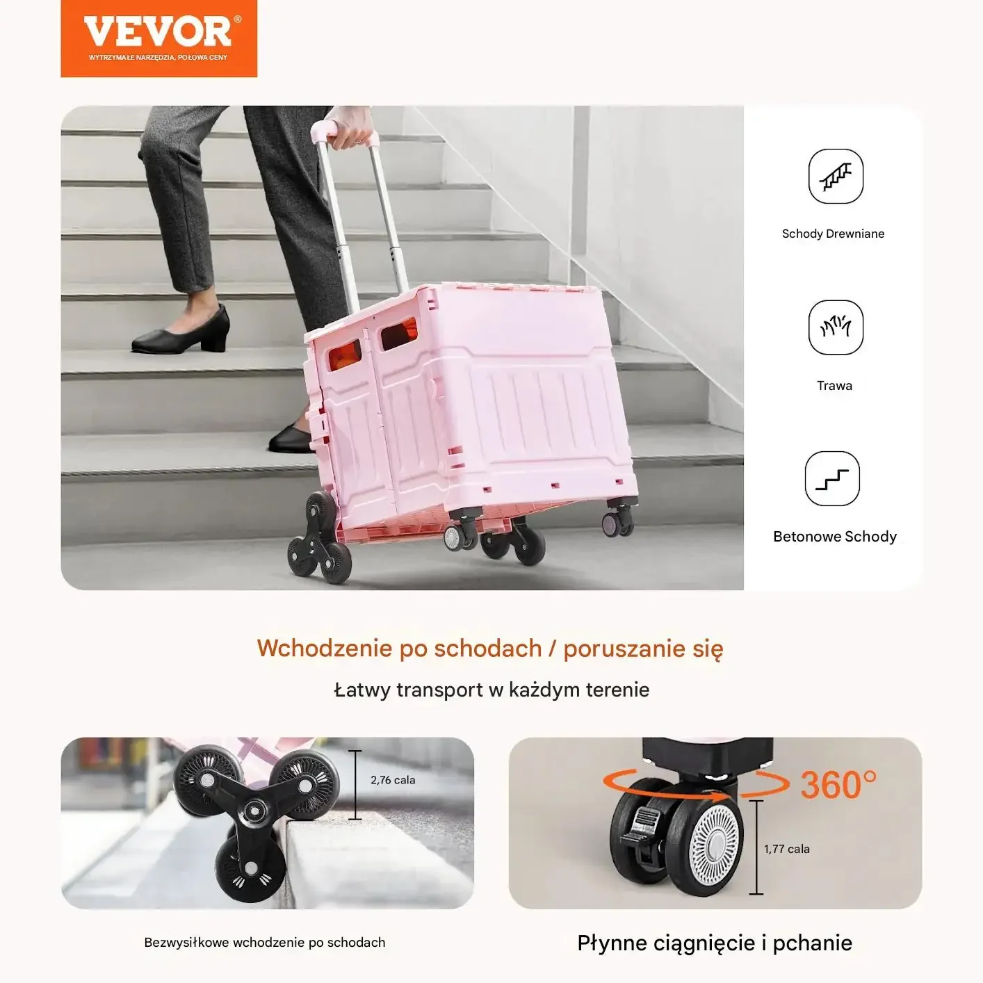 Wózek składany 65L z kołami 360° do schodów przenośny różowy - obrazek 6