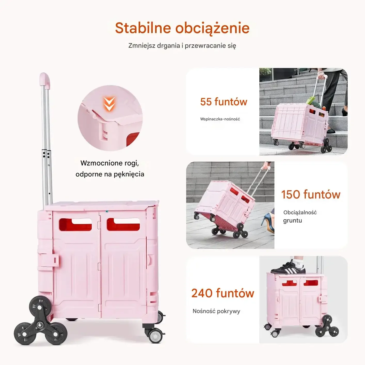 Wózek składany 65L z kołami 360° do schodów przenośny różowy - obrazek 3