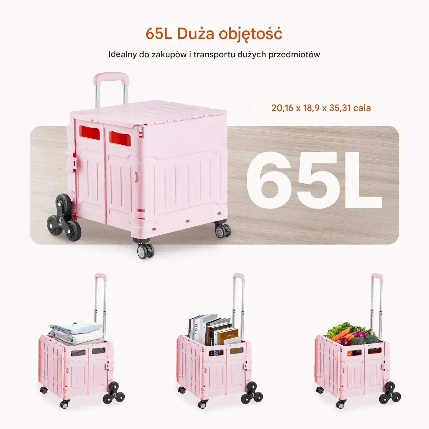 Wózek składany 65L z kołami 360° do schodów przenośny różowy - obrazek 4