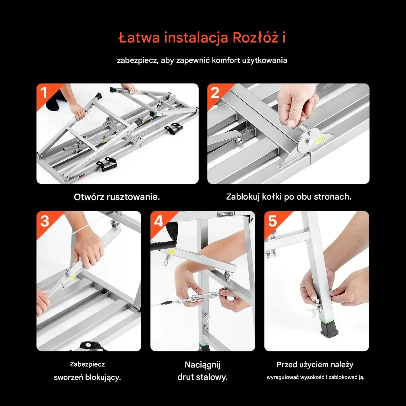 Podest roboczy regulowany 360kg składany stalowy malowanie - obrazek 3