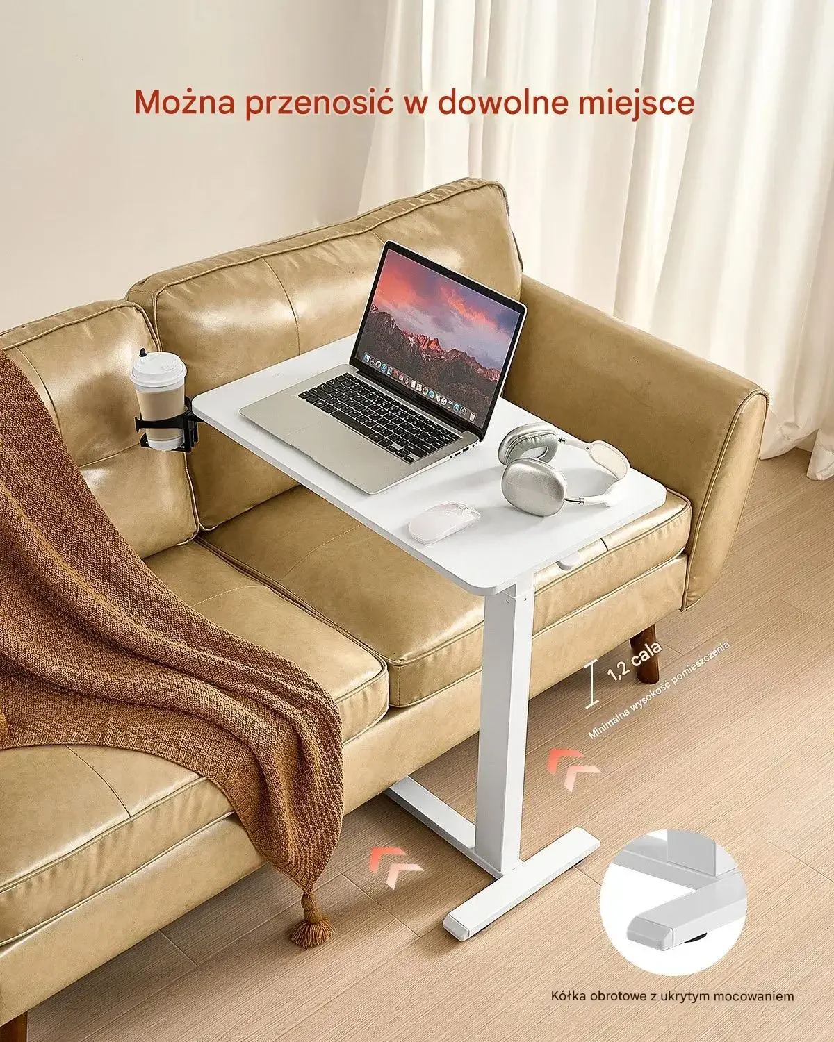 Stolik przyłóżkowy na kółkach regulacja wysokości do laptopa biały - obrazek 4