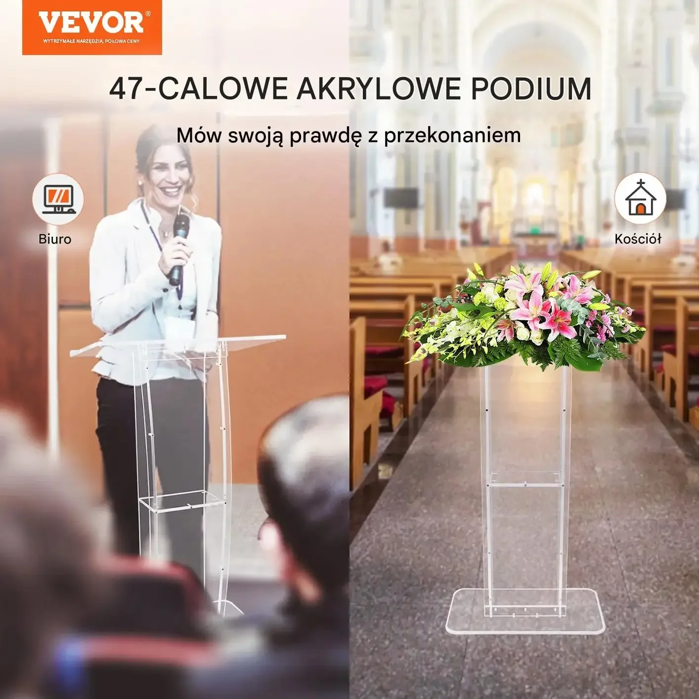 Mównica akrylowa pulpit 119 cm przezroczysta półka do kościoła szkoły - obrazek 2