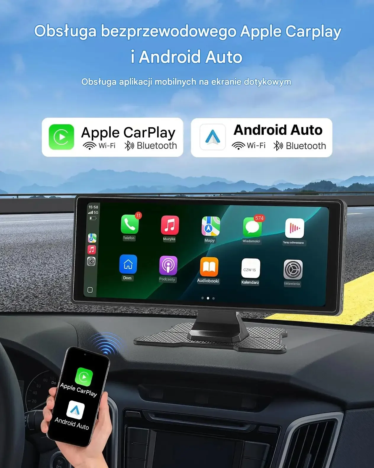 Ekran samochodowy 10'' CarPlay Radio Android Auto BT GPS kamery - obrazek 3