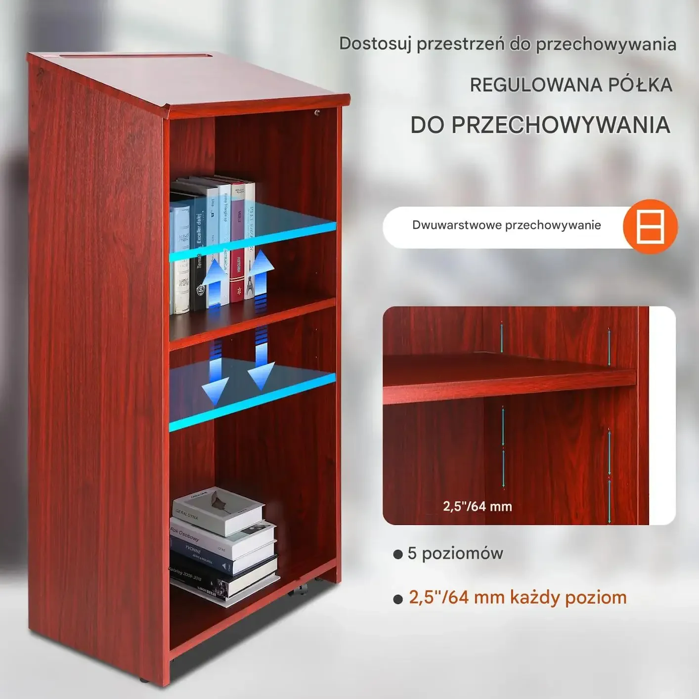 Mównica pulpit stojący na kółkach półki drewniana do szkoły biura - obrazek 6