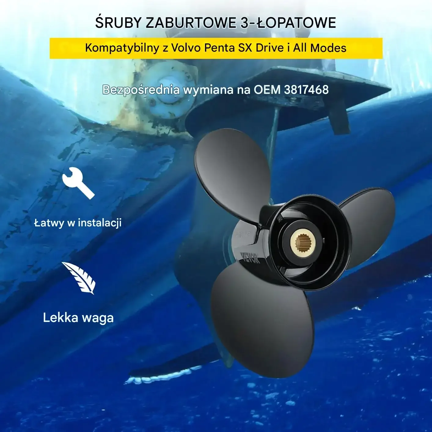 Śruba napędowa do łodzi 3-łopatkowa aluminiowa 36x48cm zamiennik - obrazek 6