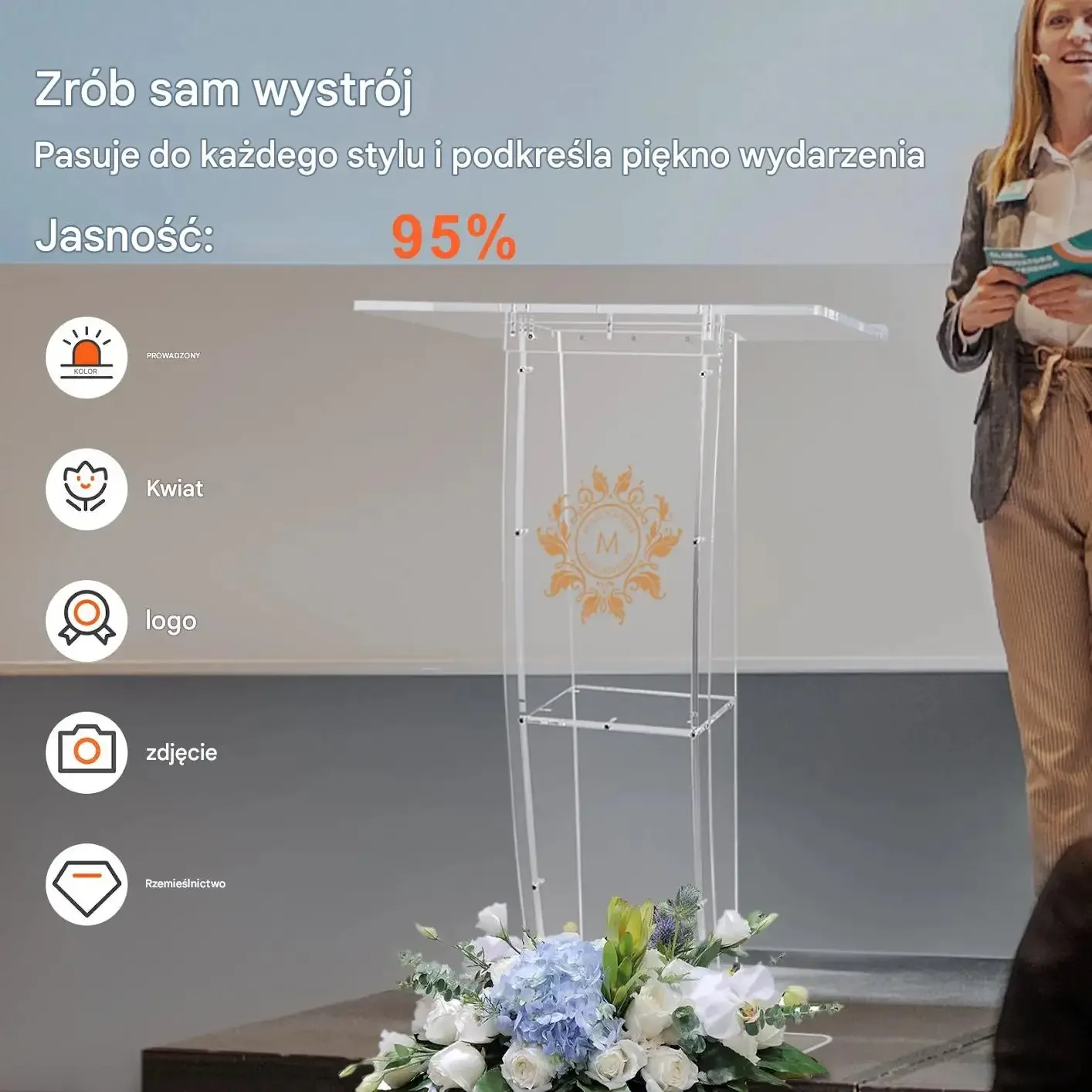 Mównica akrylowa pulpit 119 cm przezroczysta półka do kościoła szkoły - obrazek 3