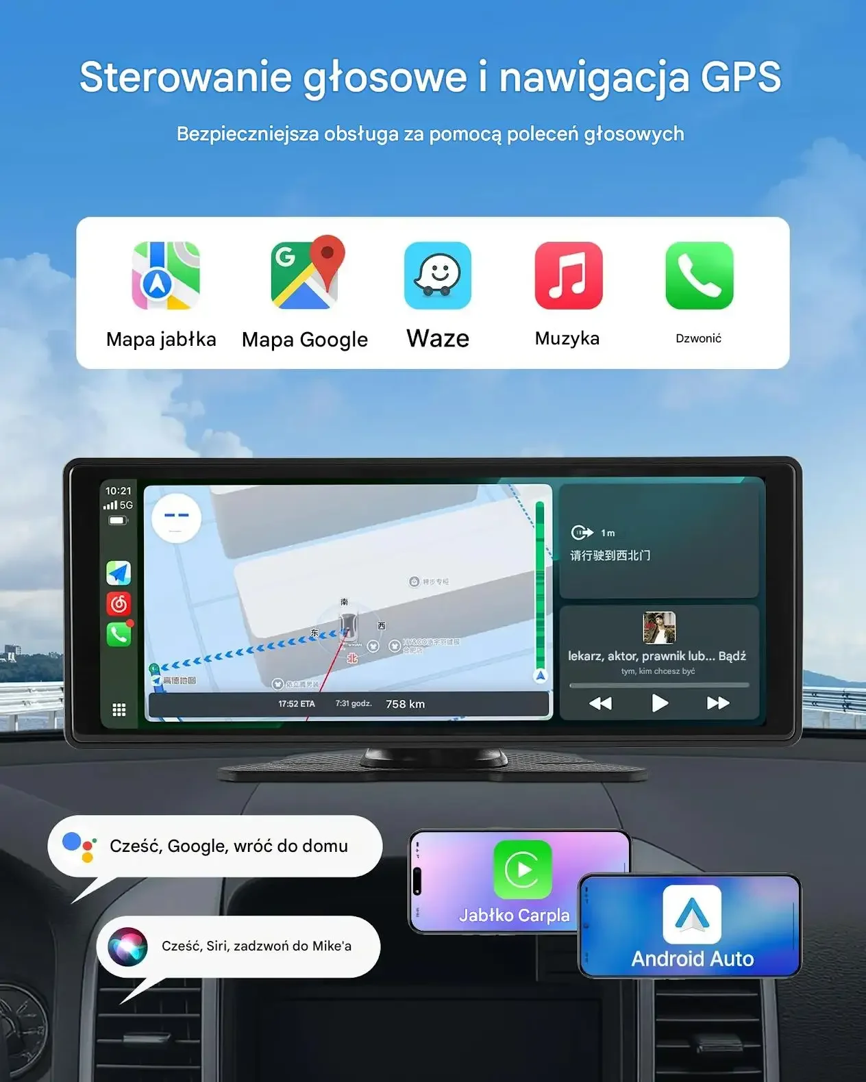 Ekran samochodowy 10'' CarPlay Radio Android Auto BT GPS kamery - obrazek 2