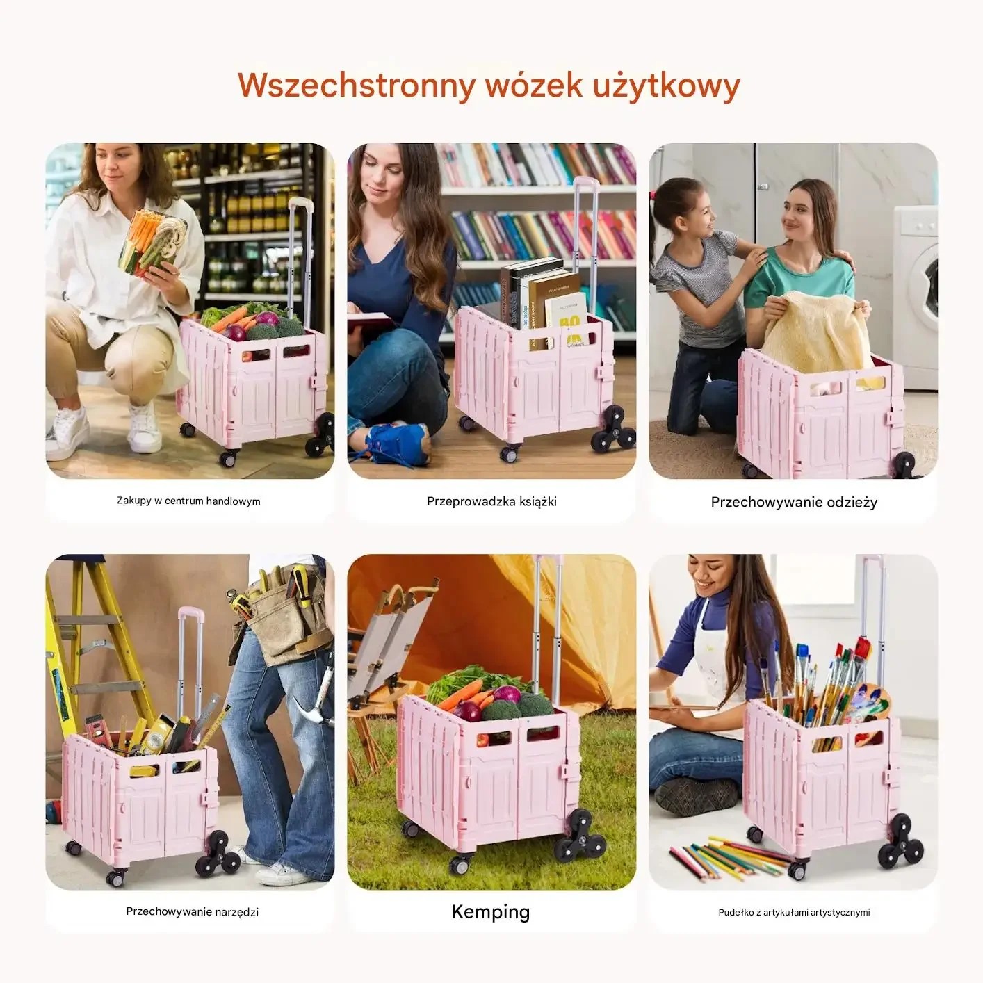 Wózek składany 65L z kołami 360° do schodów przenośny różowy - obrazek 5