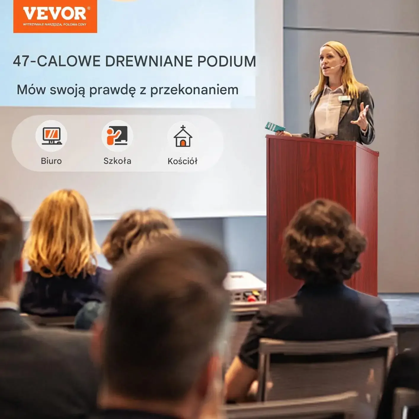 Mównica pulpit stojący na kółkach półki drewniana do szkoły biura - obrazek 2