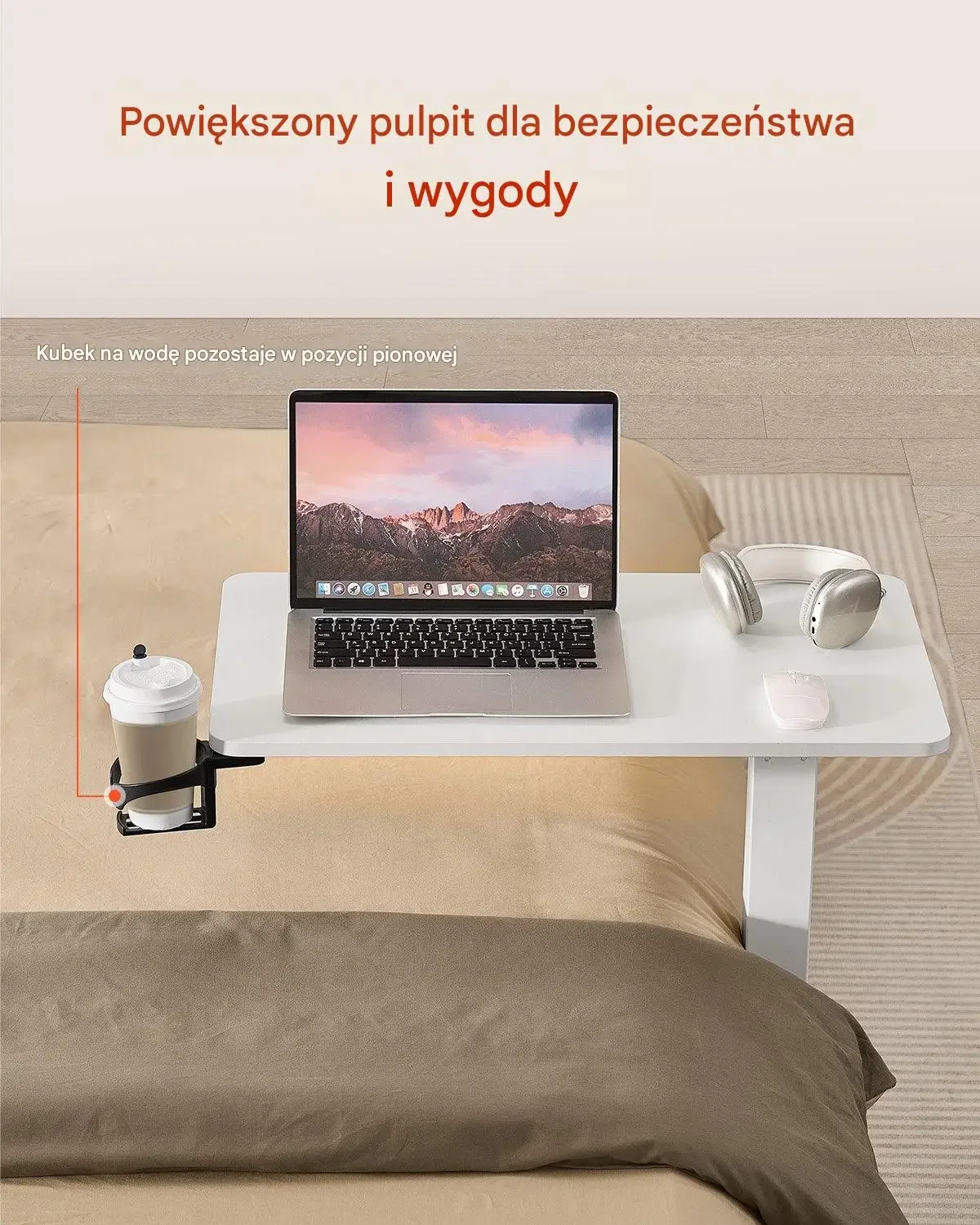 Stolik przyłóżkowy na kółkach regulacja wysokości do laptopa biały - obrazek 2