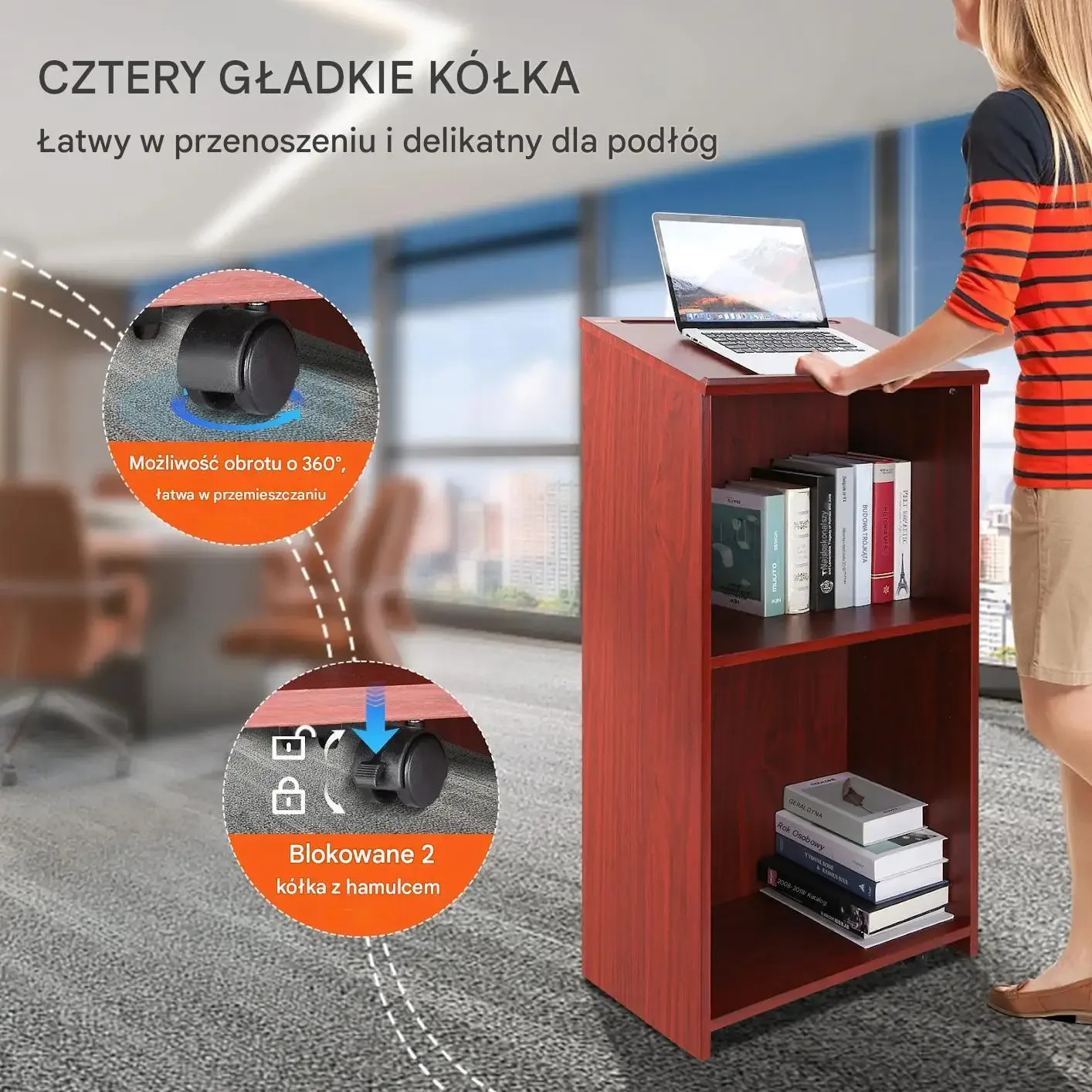 Mównica pulpit stojący na kółkach półki drewniana do szkoły biura - obrazek 4