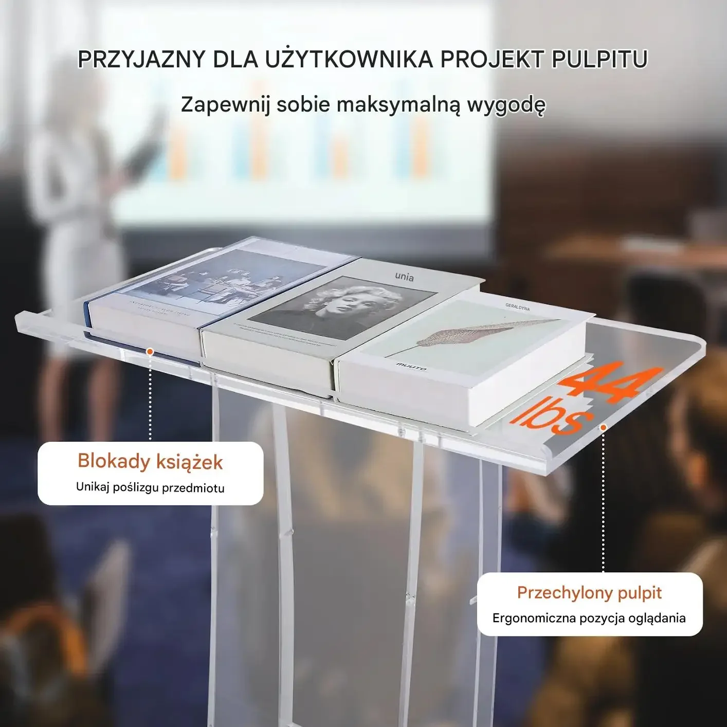 Mównica akrylowa pulpit 119 cm przezroczysta półka do kościoła szkoły - obrazek 5