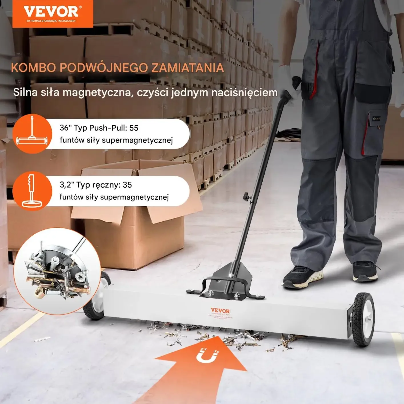 Zamiatarka magnetyczna 91cm na kółkach teleskopowa warsztat - obrazek 2