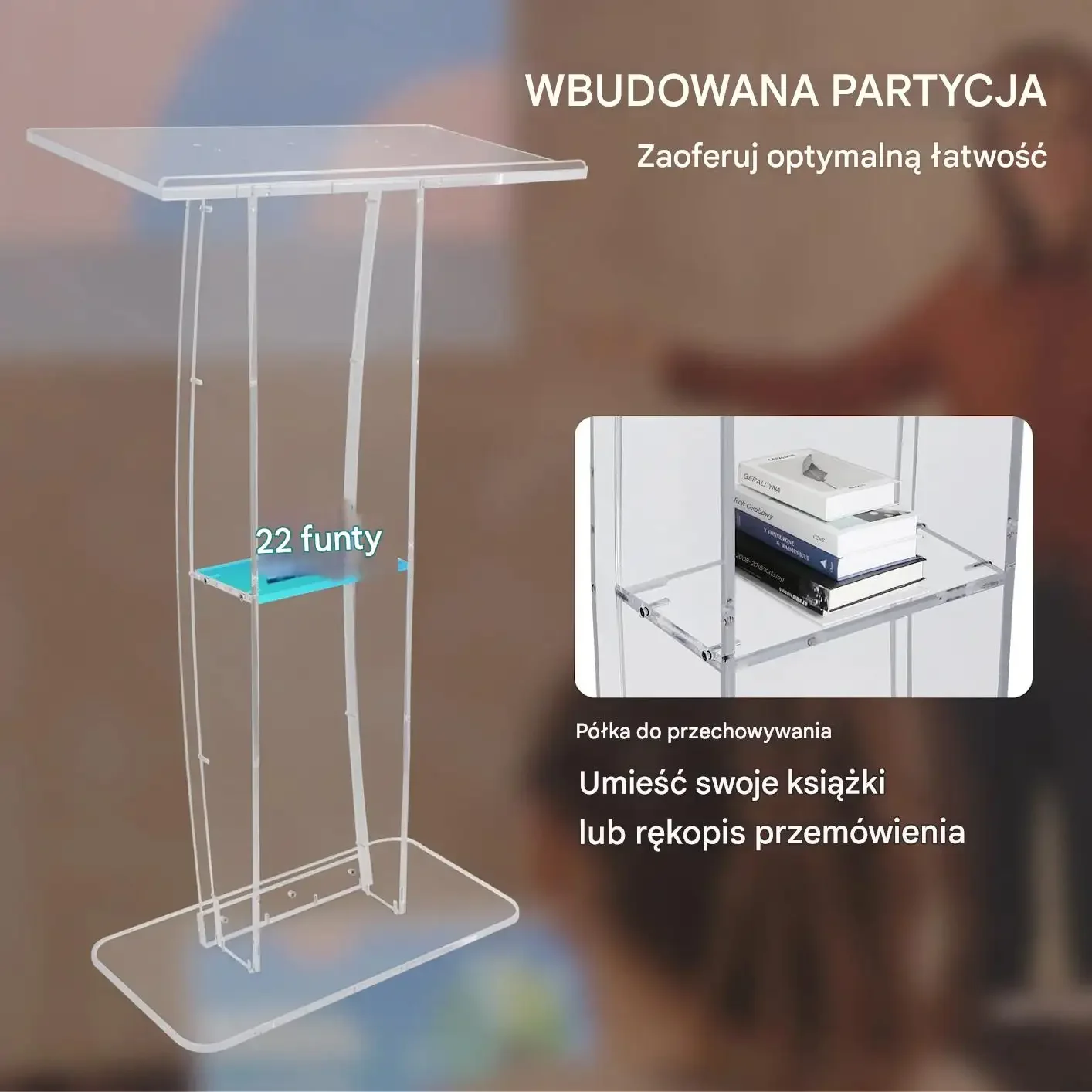 Mównica akrylowa pulpit 119 cm przezroczysta półka do kościoła szkoły - obrazek 6