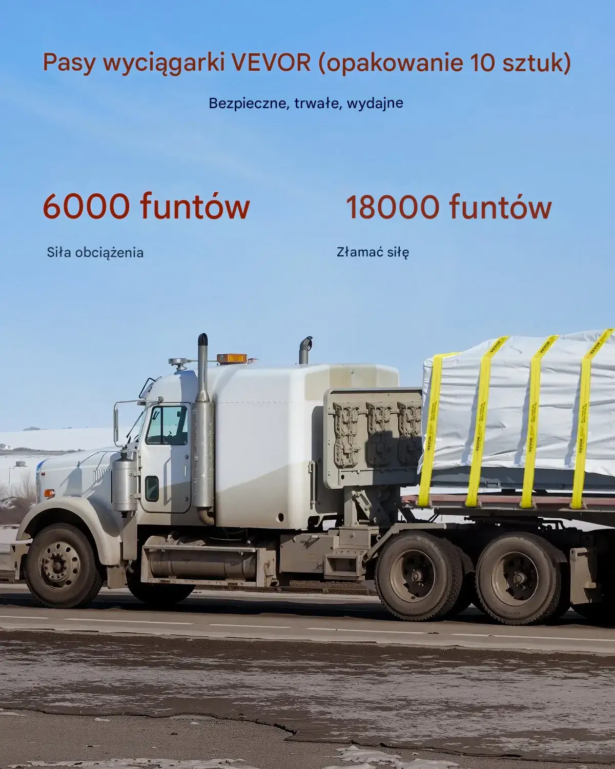 Pasy transportowe 10 cm x 12 m z płaskim hakiem do holowania zestaw 10 szt. żółte - obrazek 3