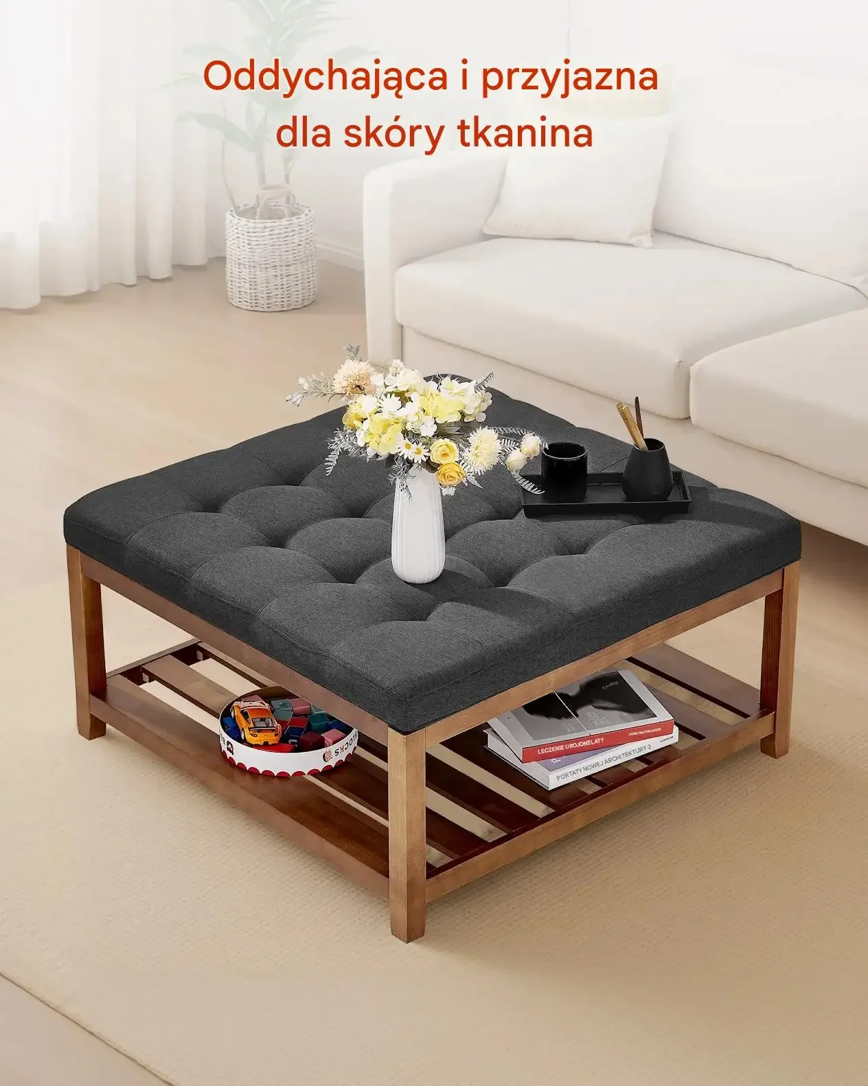 Pufa stolik kawowy kwadratowy 87,5cm z półką tapicerowana – salon/sypialnia - obrazek 6