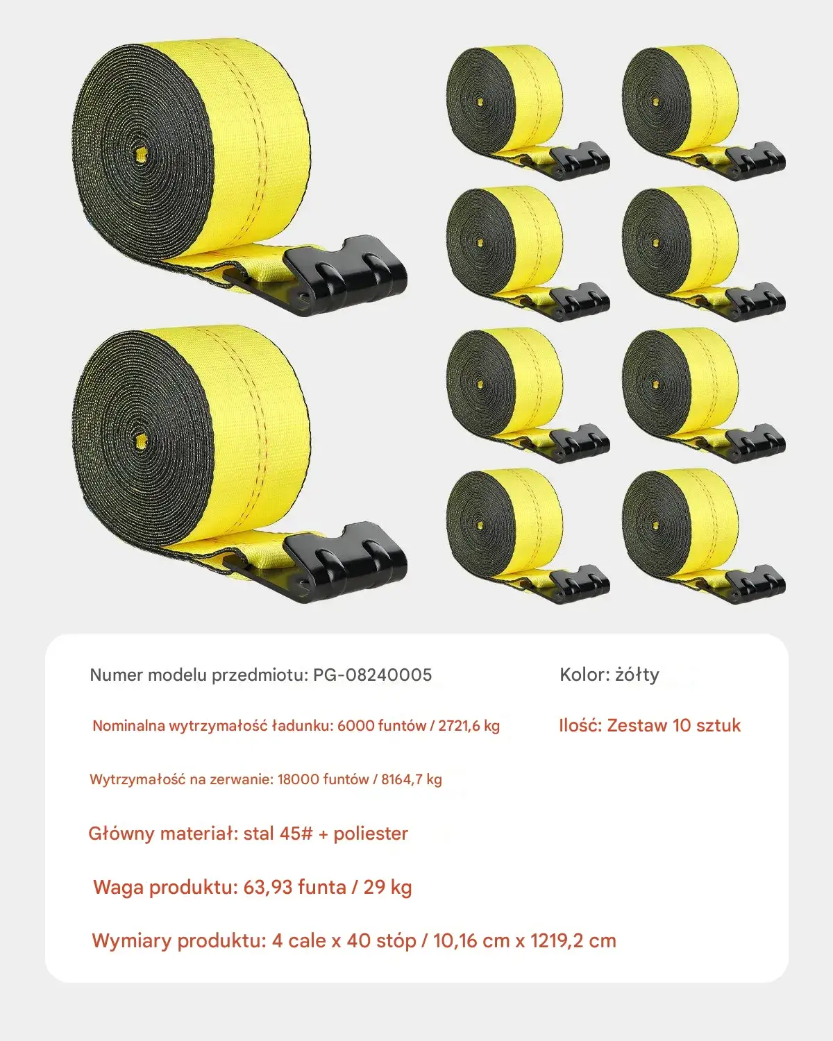 Pasy transportowe 10 cm x 12 m z płaskim hakiem do holowania zestaw 10 szt. żółte - obrazek 7