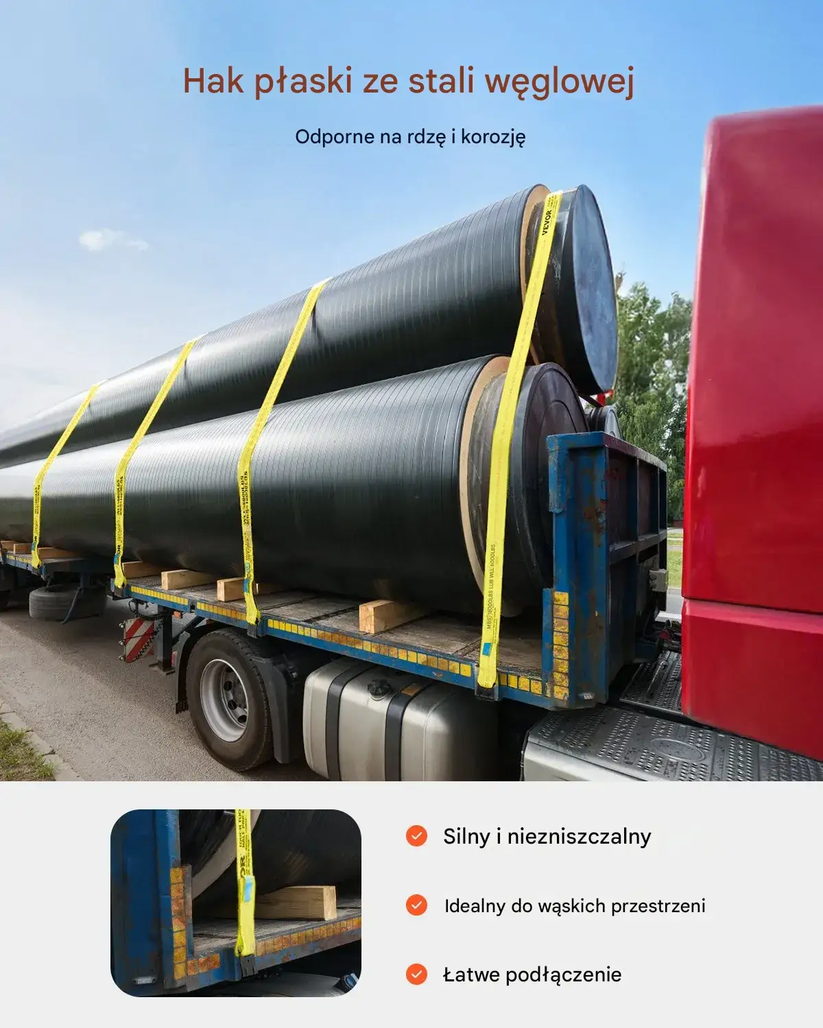 Pasy transportowe 10 cm x 12 m z płaskim hakiem do holowania zestaw 10 szt. żółte - obrazek 12