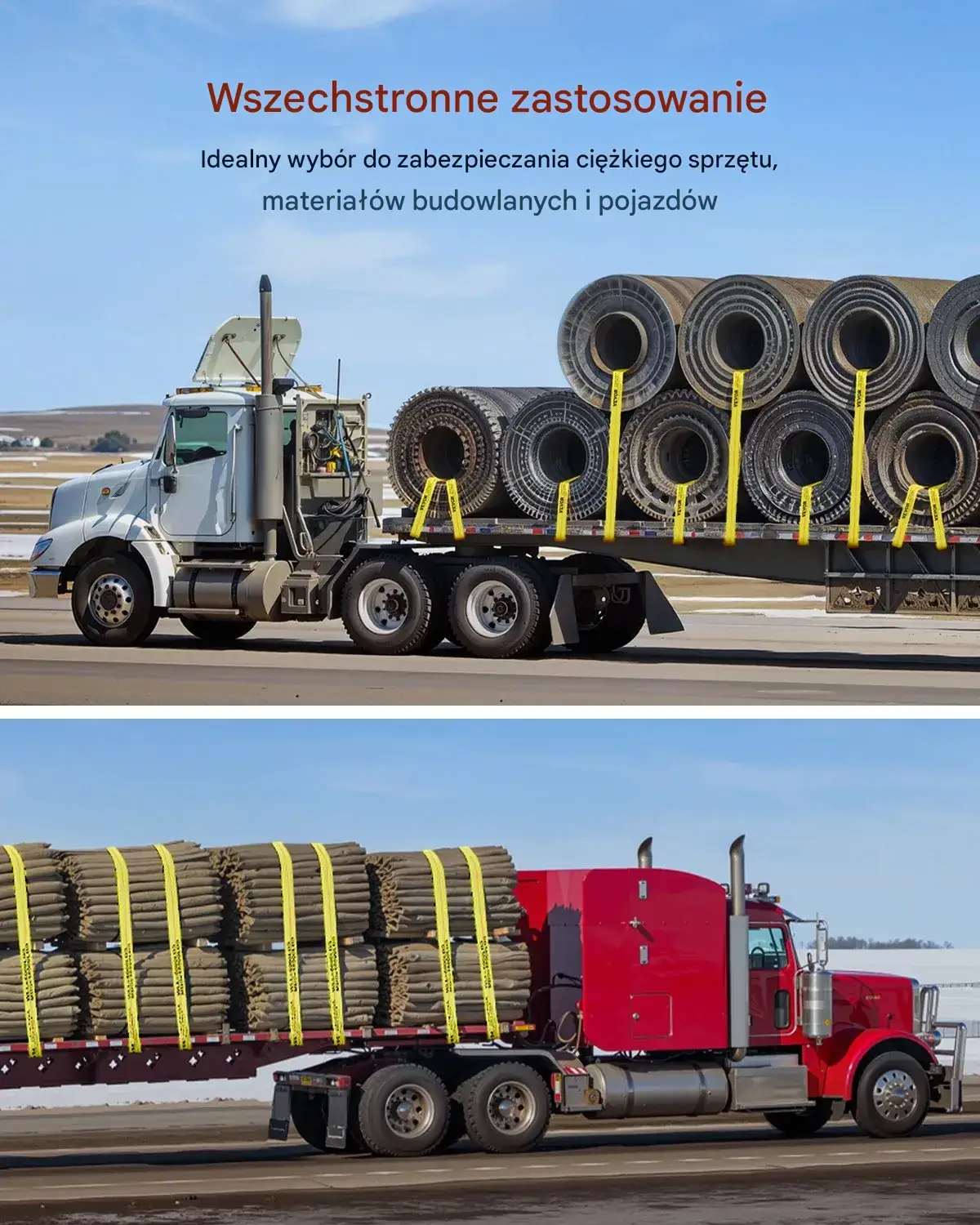 Pasy transportowe 10 cm x 12 m z płaskim hakiem do holowania zestaw 10 szt. żółte - obrazek 2