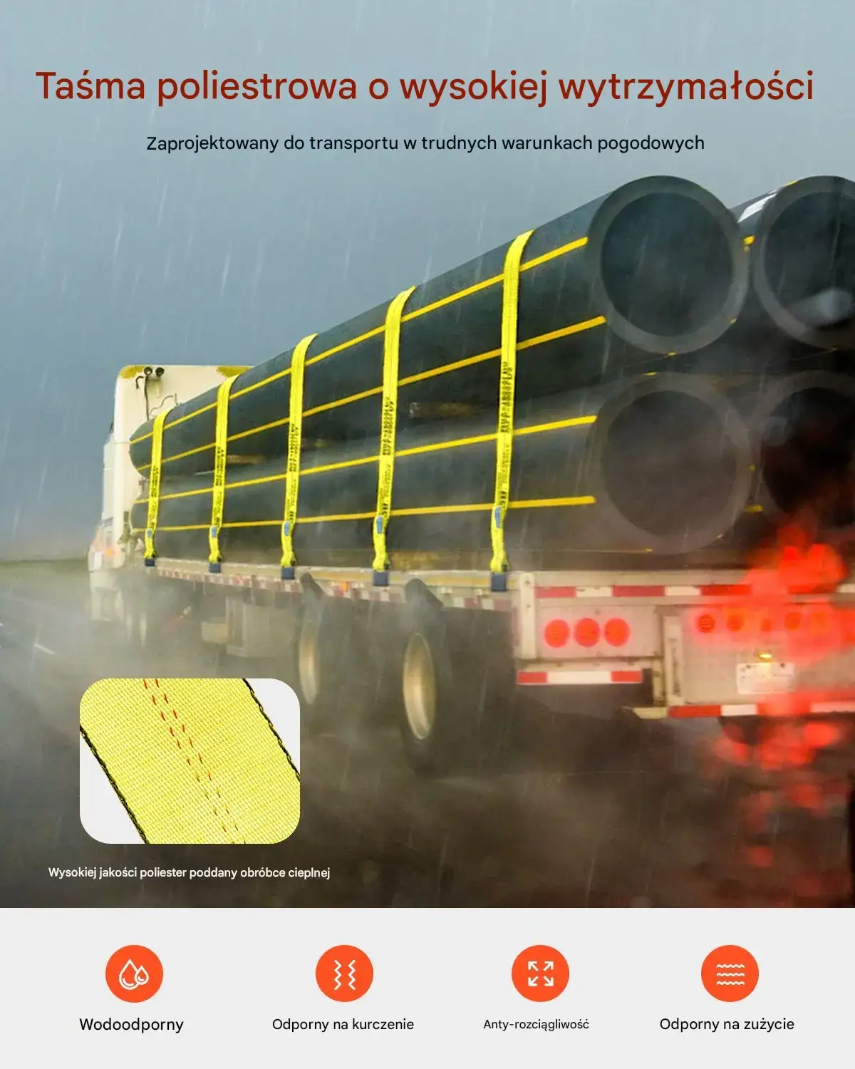 Pasy transportowe 10 cm x 12 m z płaskim hakiem do holowania zestaw 10 szt. żółte - obrazek 4