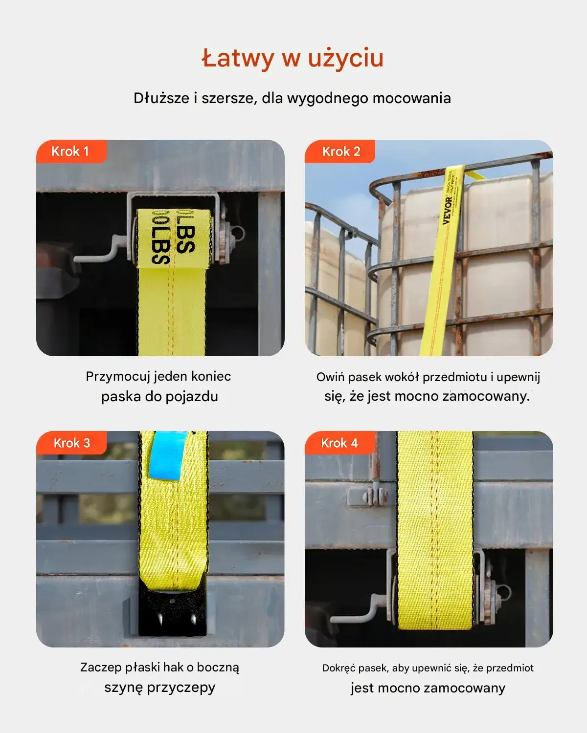 Pasy transportowe 10 cm x 12 m z płaskim hakiem do holowania zestaw 10 szt. żółte - obrazek 5