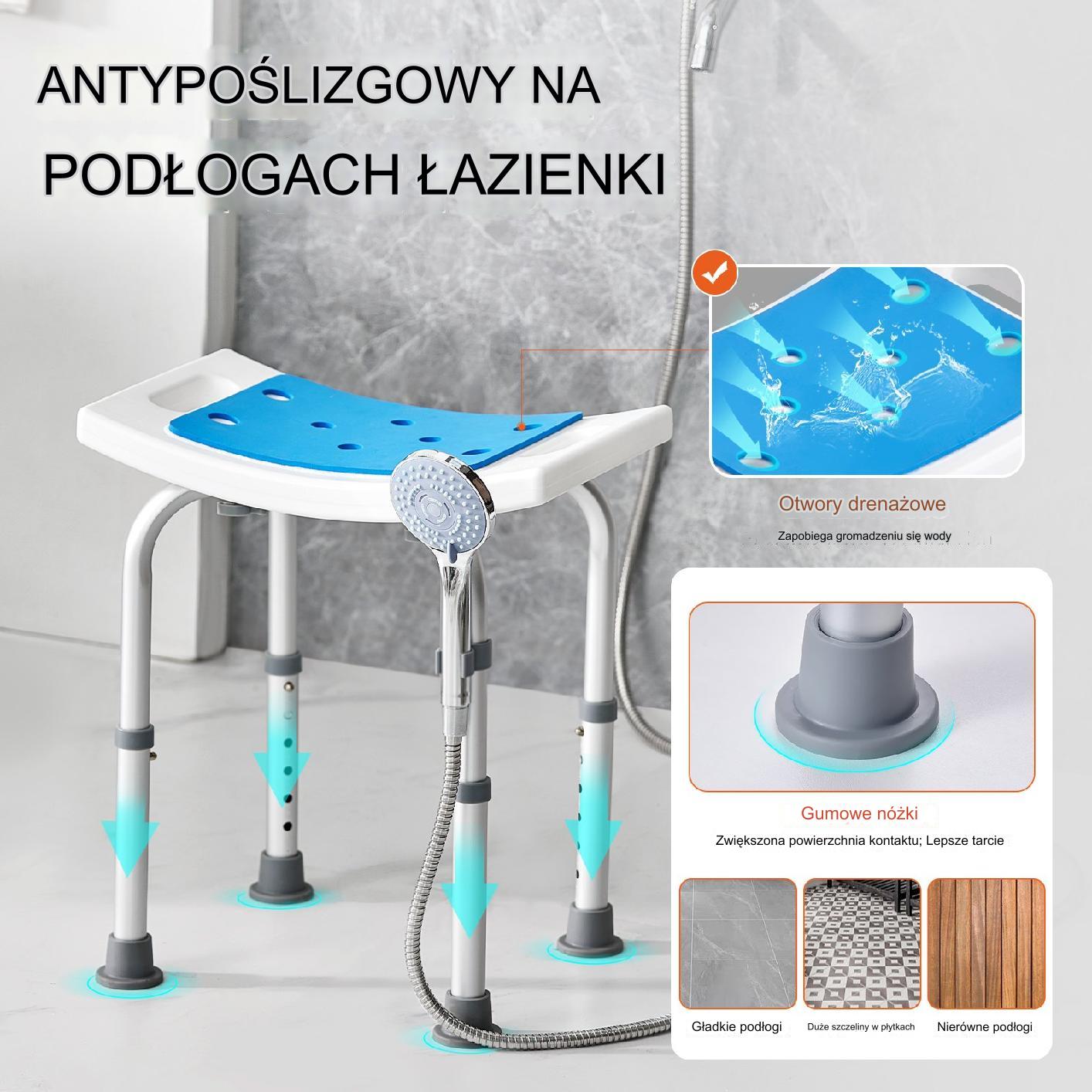 Siedzisko Prysznicowe 158,8kg Aluminiowe Regulowane Wysokość Antypoślizgowe - obrazek 3