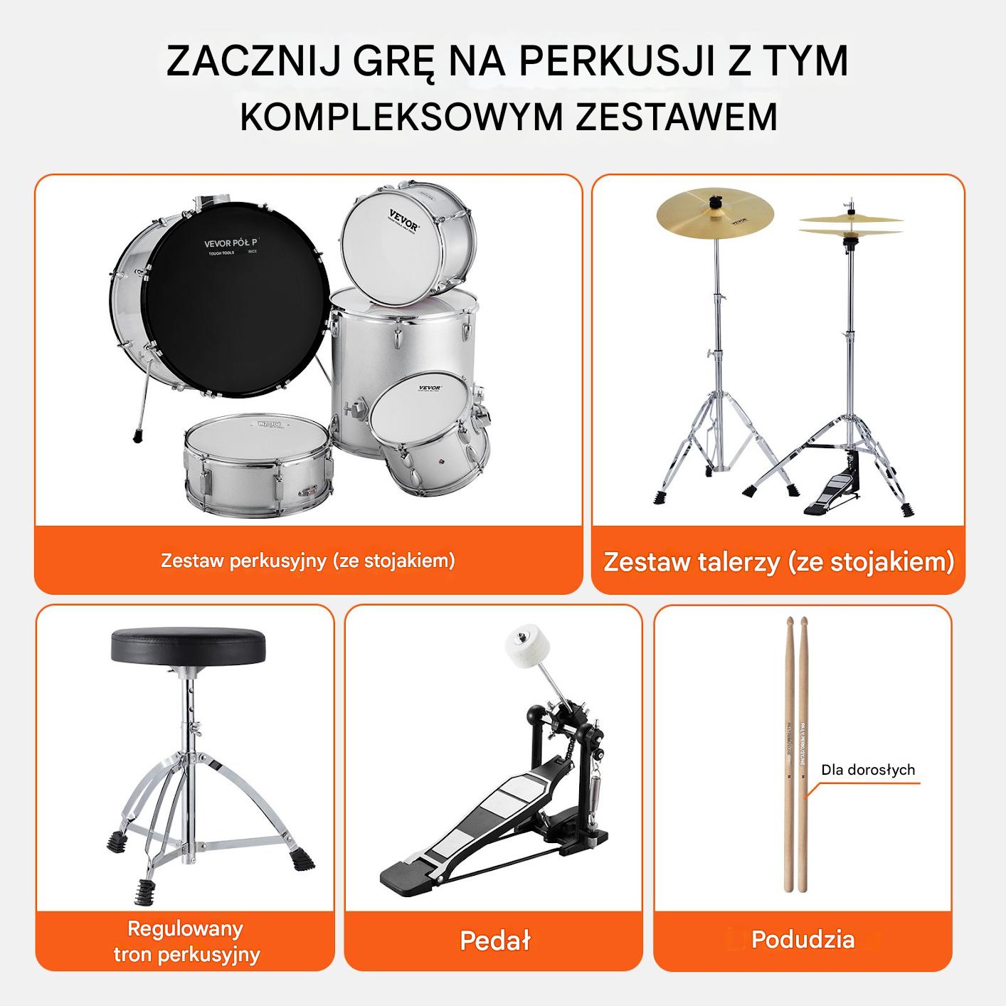 Zestaw perkusyjny akustyczny 22cal 5el srebrny dla początkujących - obrazek 6