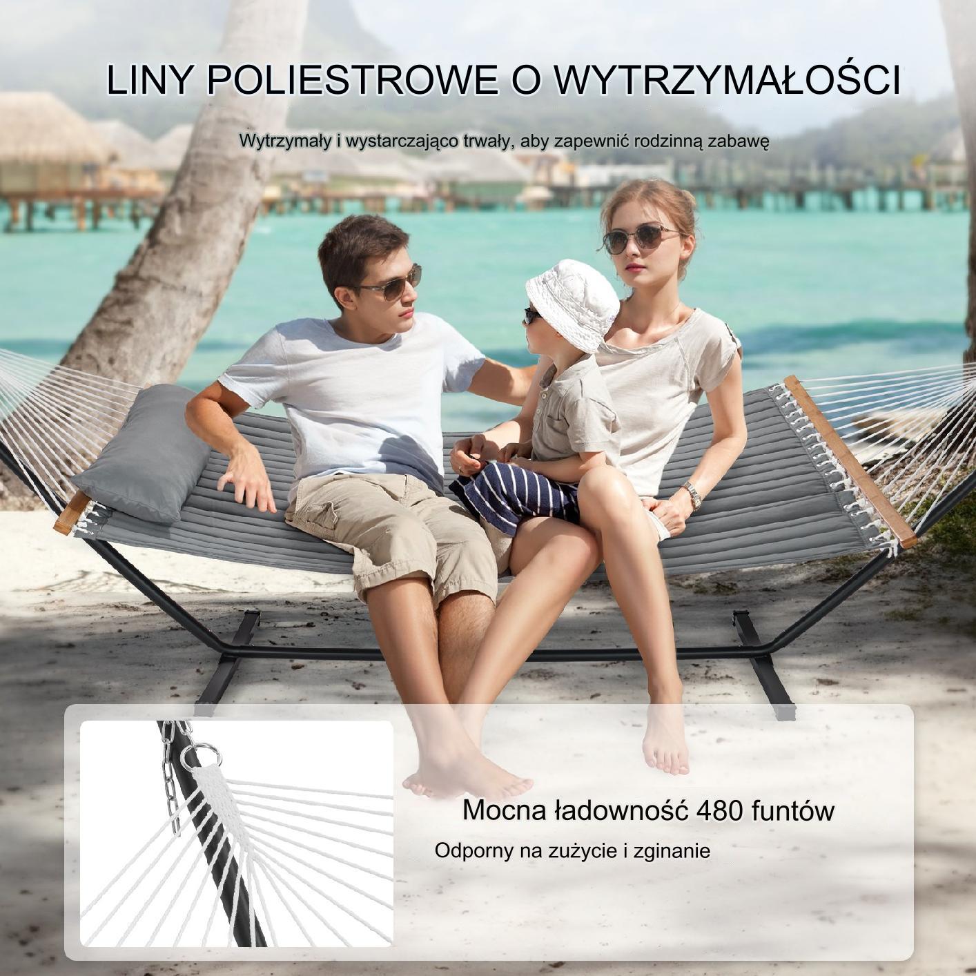 Hamak ogrodowy ze stelażem i drążkiem duży mocny dwuosobowy szary - obrazek 3