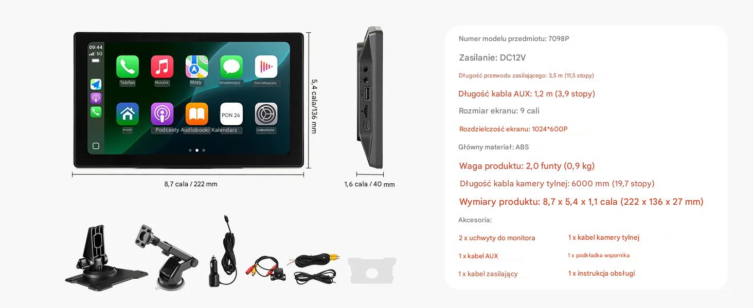 Ekran CarPlay/Android Auto 9″ dotykowy BT GPS z kamerą cofania do auta - obrazek 2