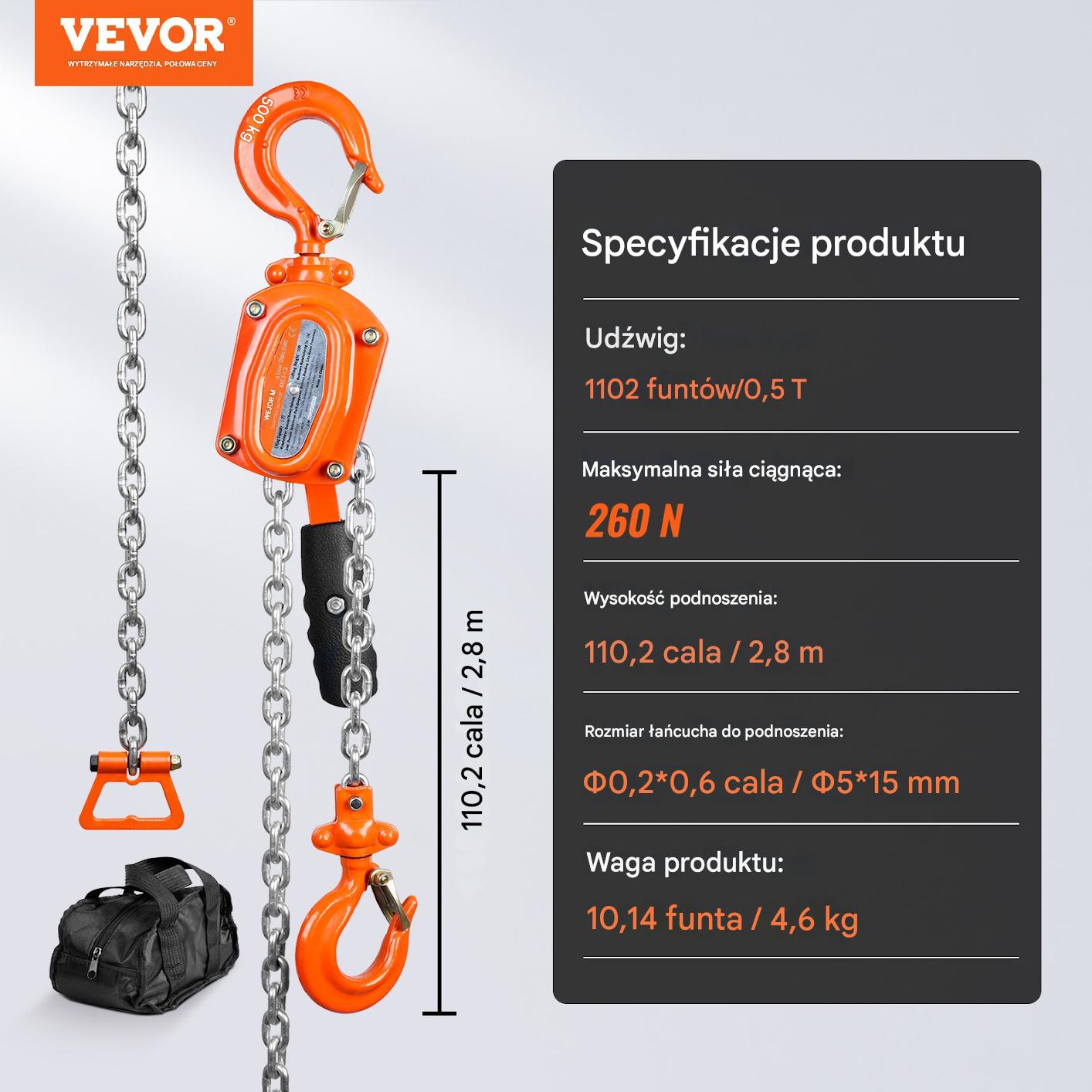 Wciągarka wyciągarka łańcuchowa ręczna 500 kg 2,8 m - obrazek 2