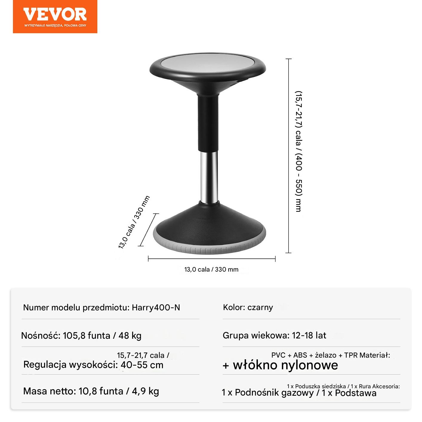 Krzesło aktywne regulowane 40-55 cm obrotowe dla dzieci 48 kg czarne ADHD - obrazek 2