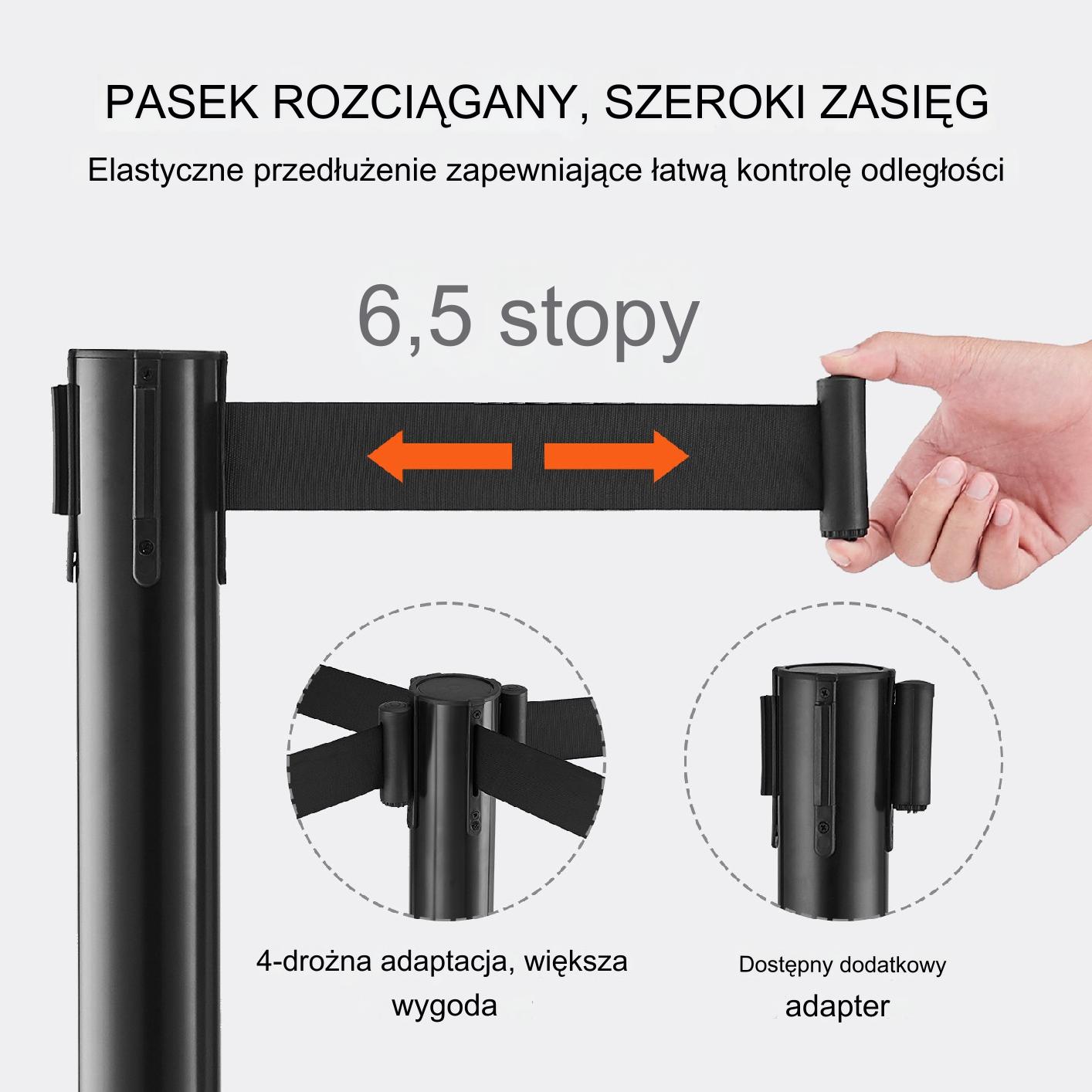 Słupki odgradzające hotelowe 6 sztuk z taśmą 2 m barierka kolejkowa czarne - obrazek 3