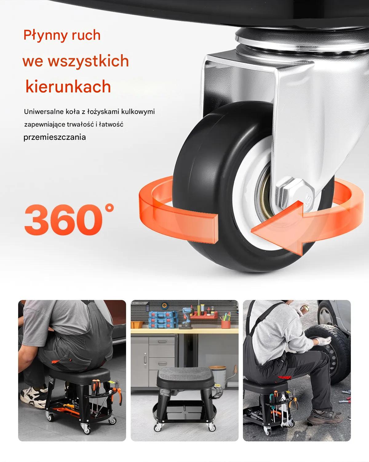 Taboret warsztatowy na kółkach 136 kg 360° z półką i uchwytem garaż - obrazek 7