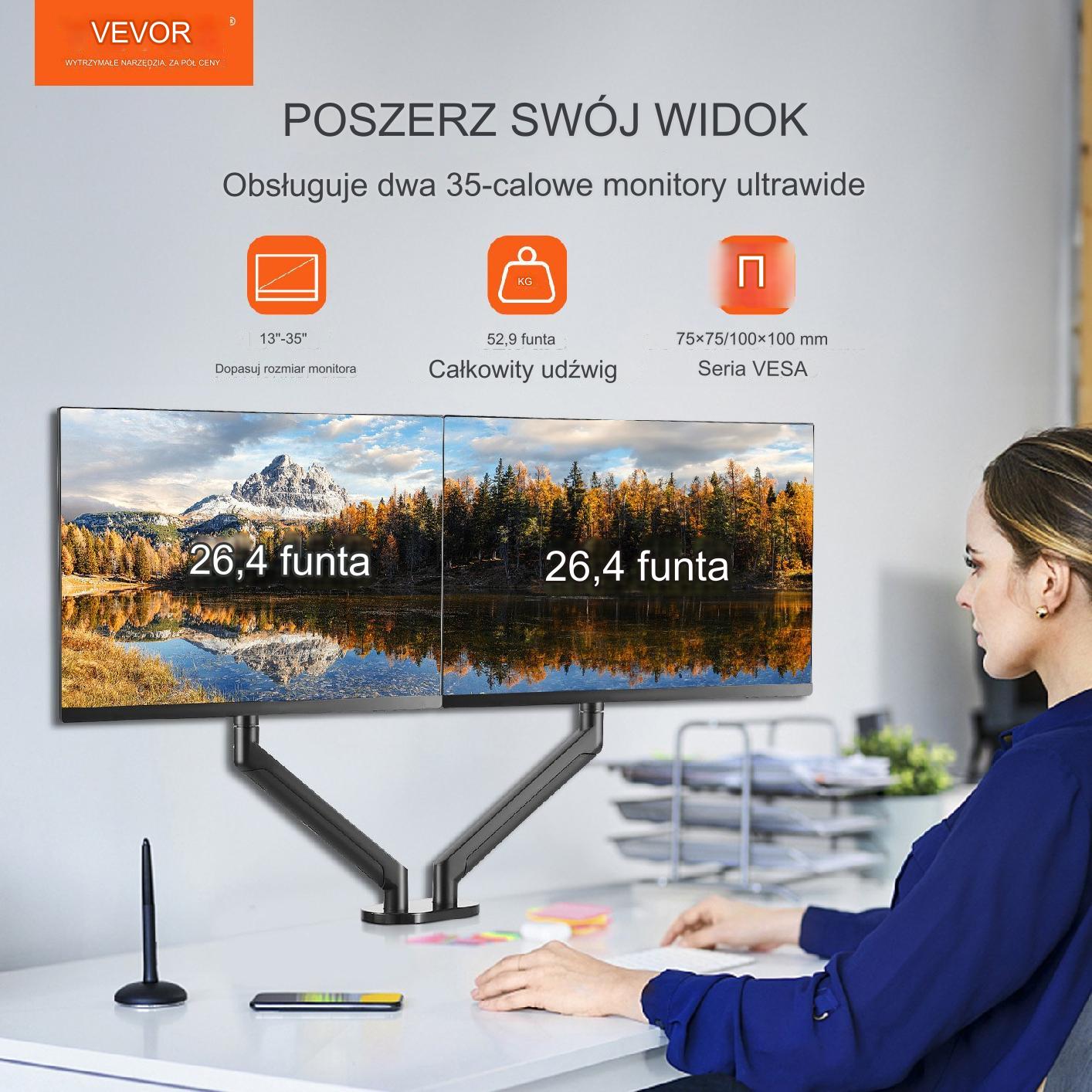 Uchwyt na dwa monitory podwójny uchwyt biurkowy do monitorów 13"-35" - obrazek 7
