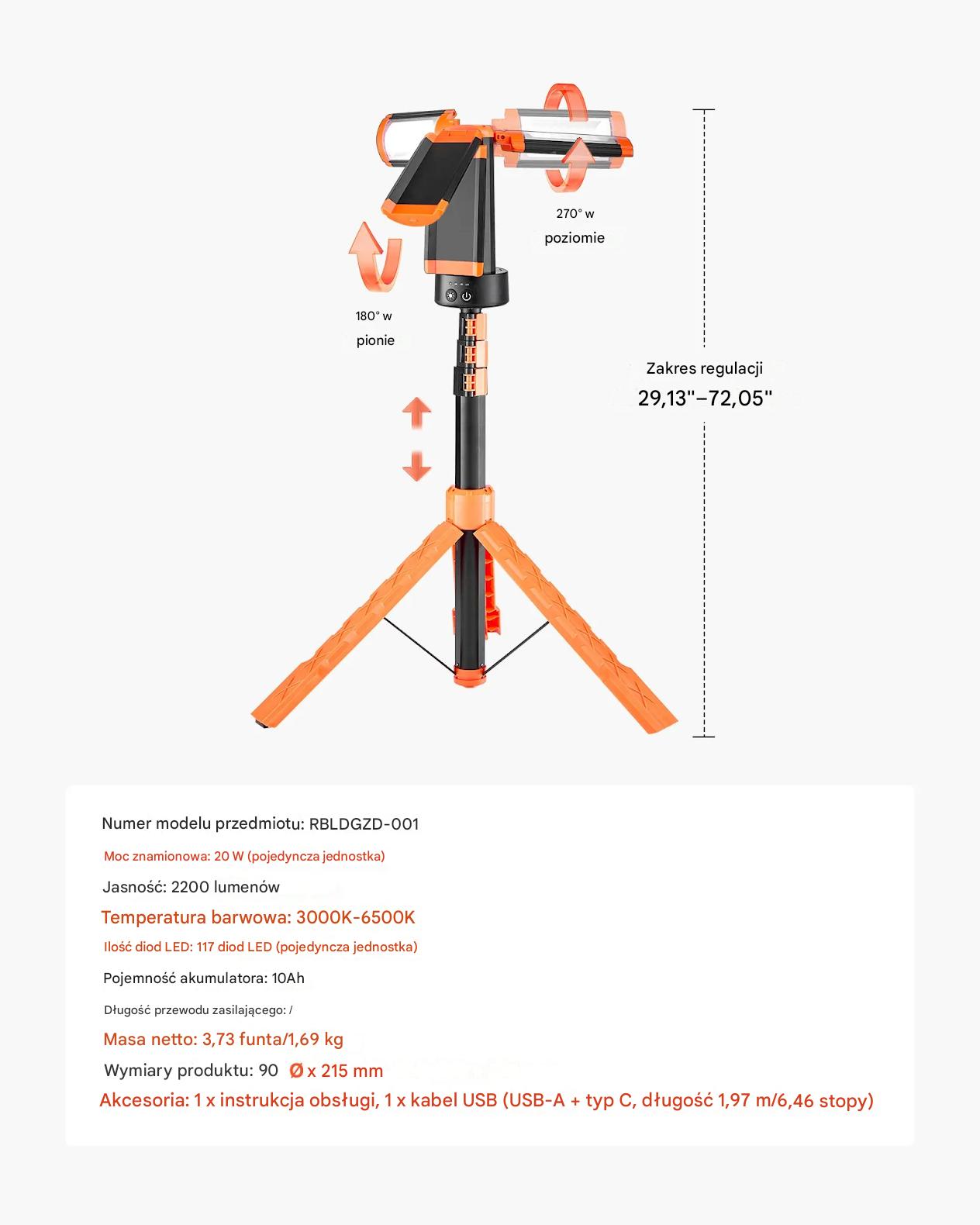 Lampa robocza LED akumulatorowa 2200 lm statyw 3 głowice budowa - obrazek 2