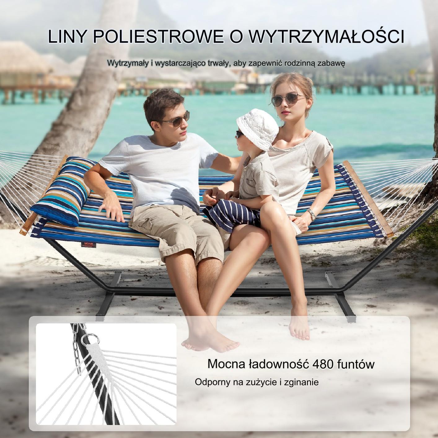 Hamak ogrodowy ze stelażem i drążkiem duży mocny dwuosobowy kolorowy - obrazek 7