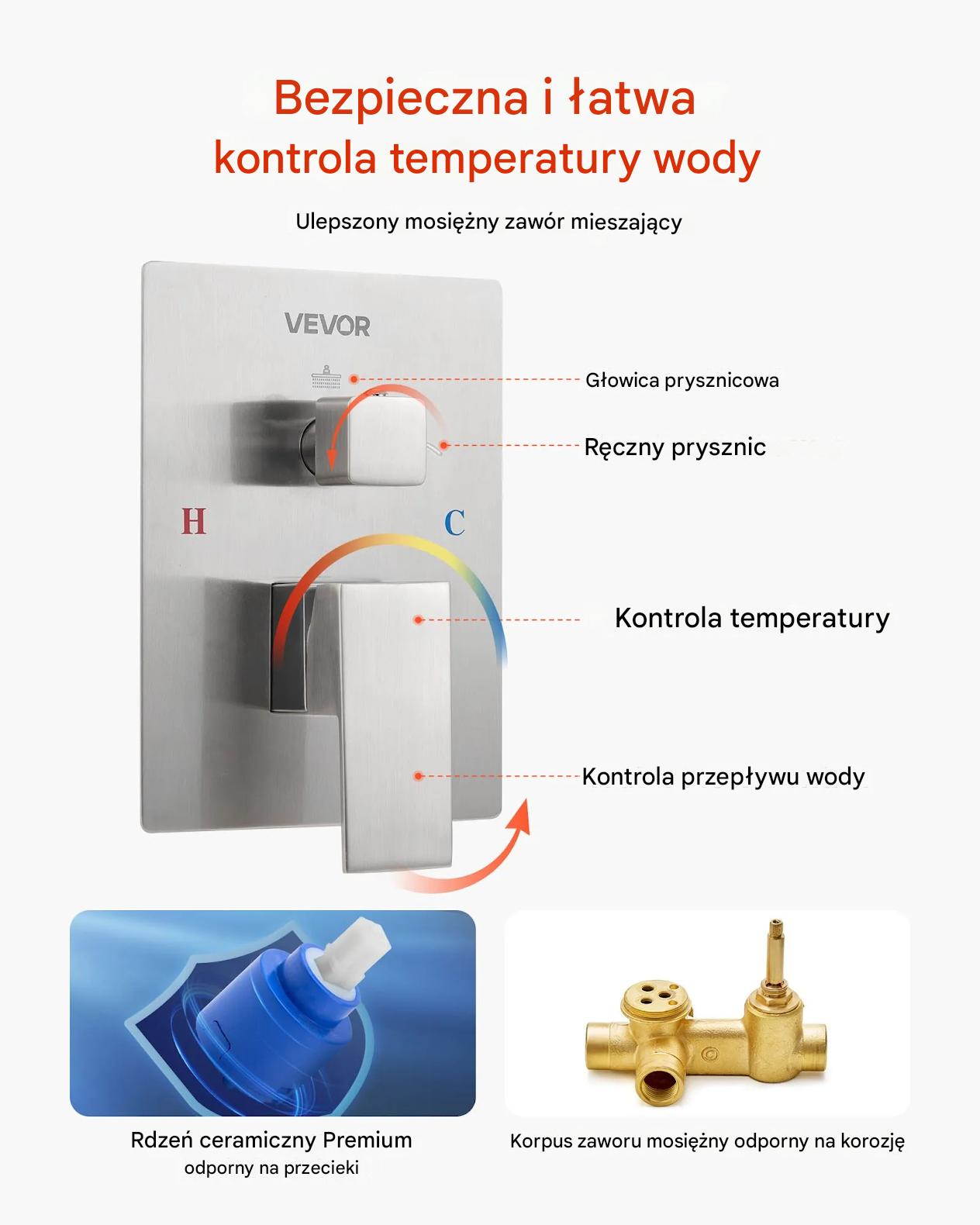 Zestaw prysznicowy deszczownica 30 cm z rączką srebrny montaż ścienny - obrazek 6