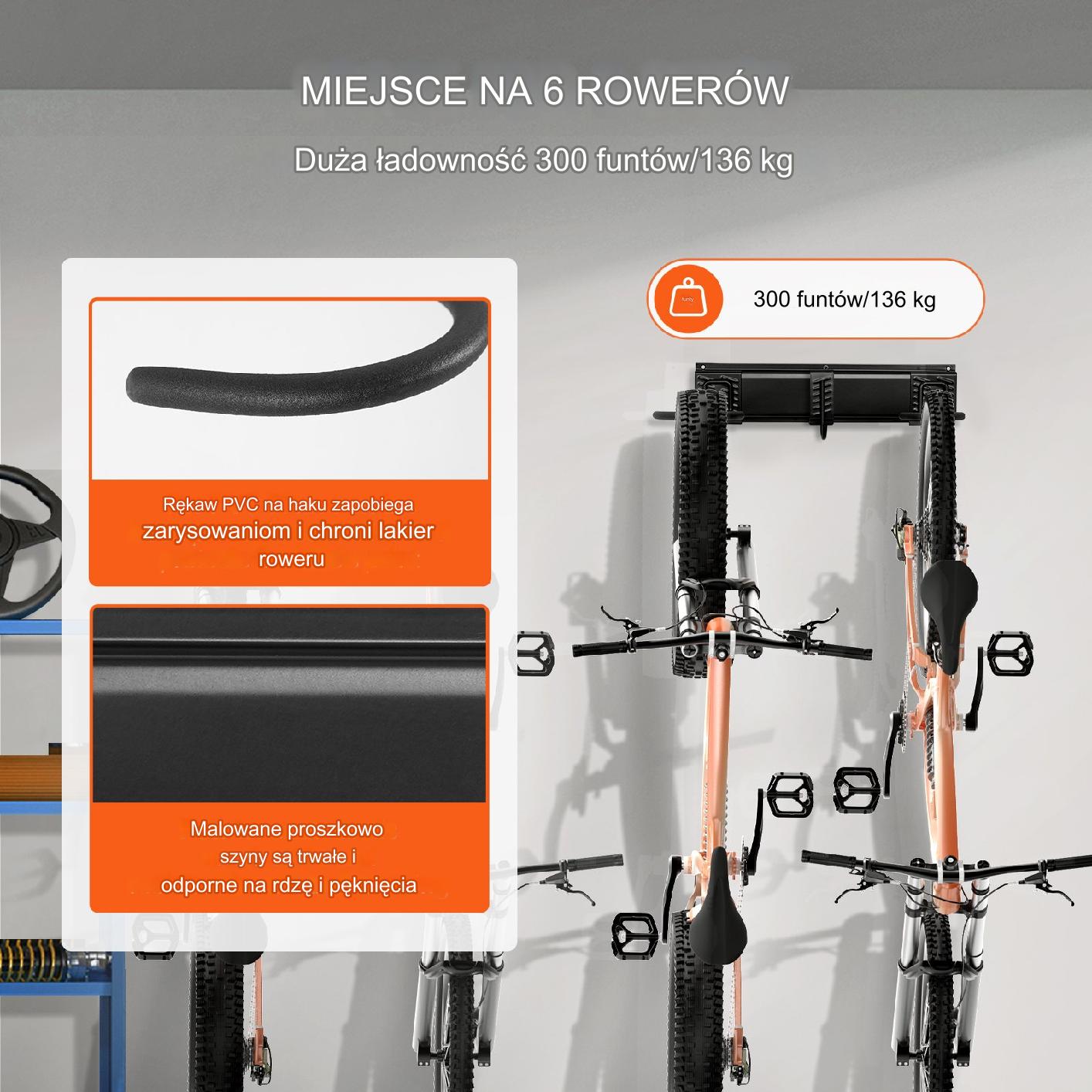 Stojak na rowery ścienny Uchwyt 6 rowerów + 5 kasków 215,90 cm - obrazek 3