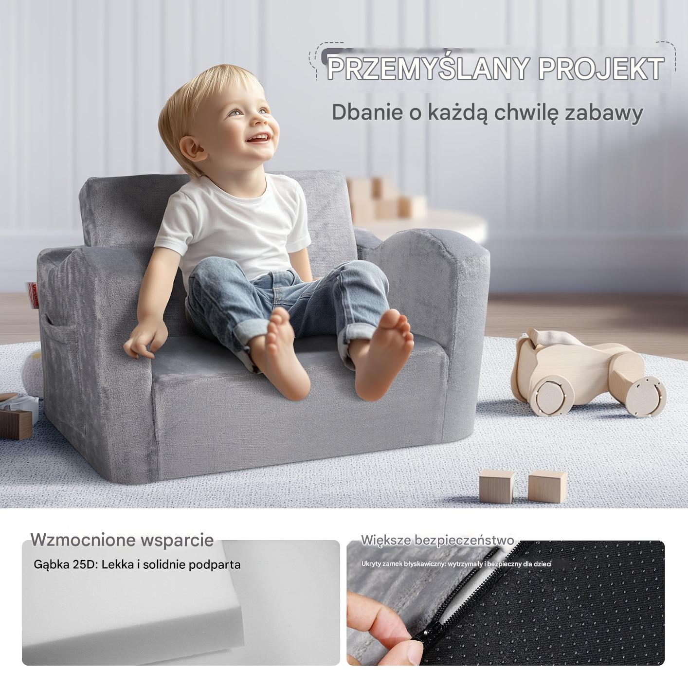 Fotelik dziecięcy składany 2w1 – kanapa sofa dla dzieci szara - obrazek 5
