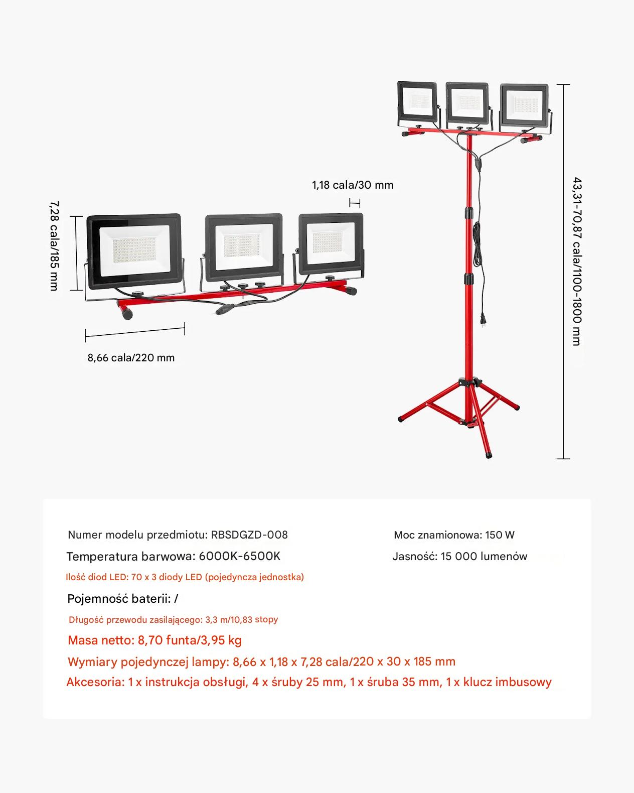 Lampa robocza LED 15000 lm na statywie 3 głowice IP65 budowa - obrazek 2