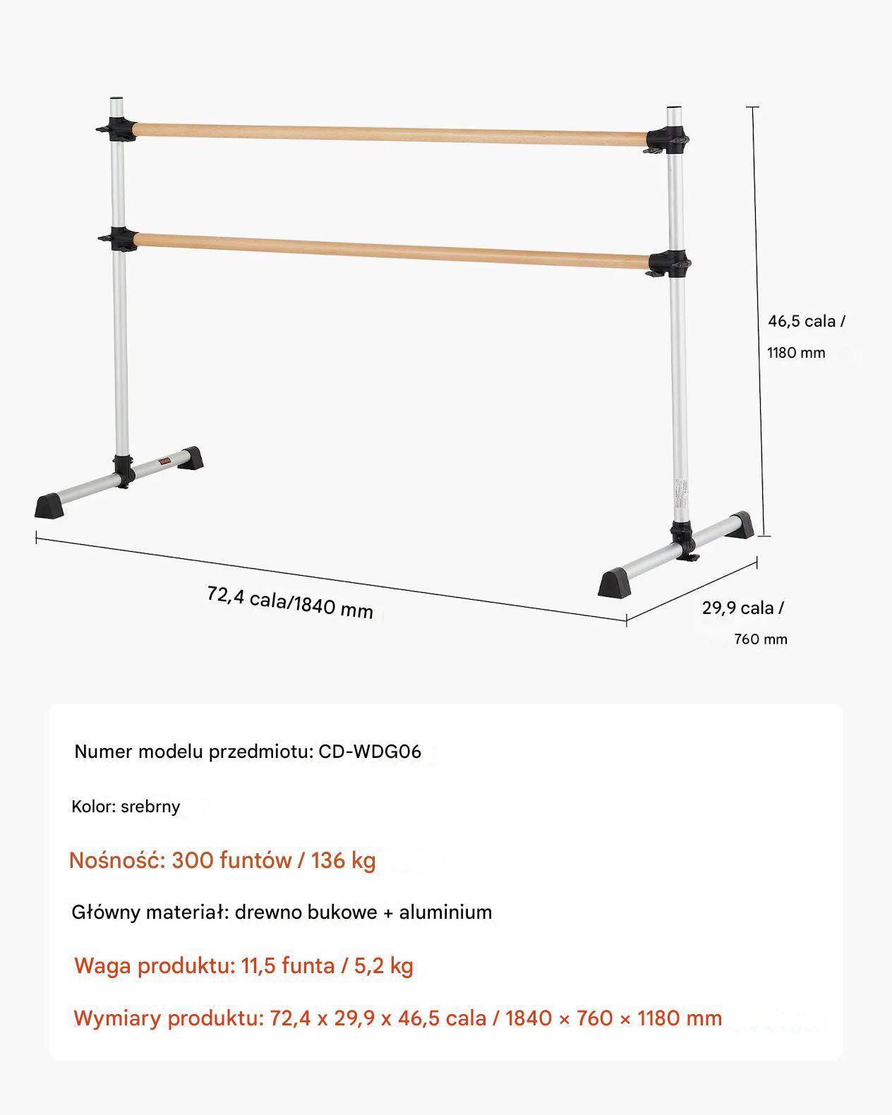 Drążek baletowy podwójny wolnostojący regulowany stabilny do tańca fitness - obrazek 2