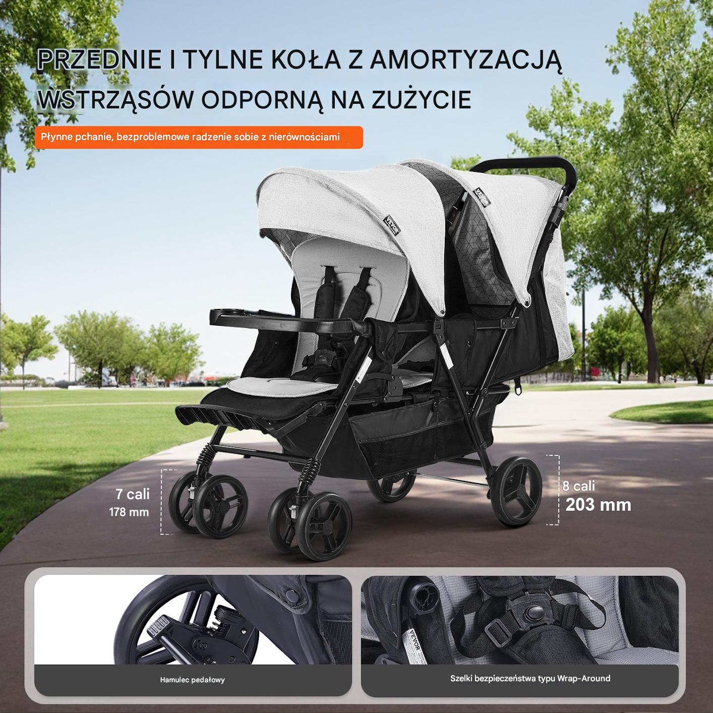 Podwójny jasnoszary wózek spacerowy dla bliźniąt – składany z daszkiem - obrazek 4