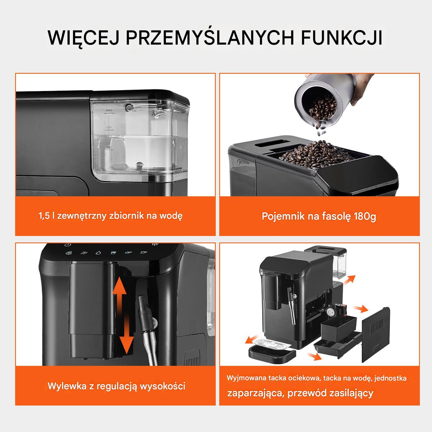 Automatyczny Ekspres do Kawy 20 Bar z Dyszą Pary i 15 Poziomami Mielenia - obrazek 6