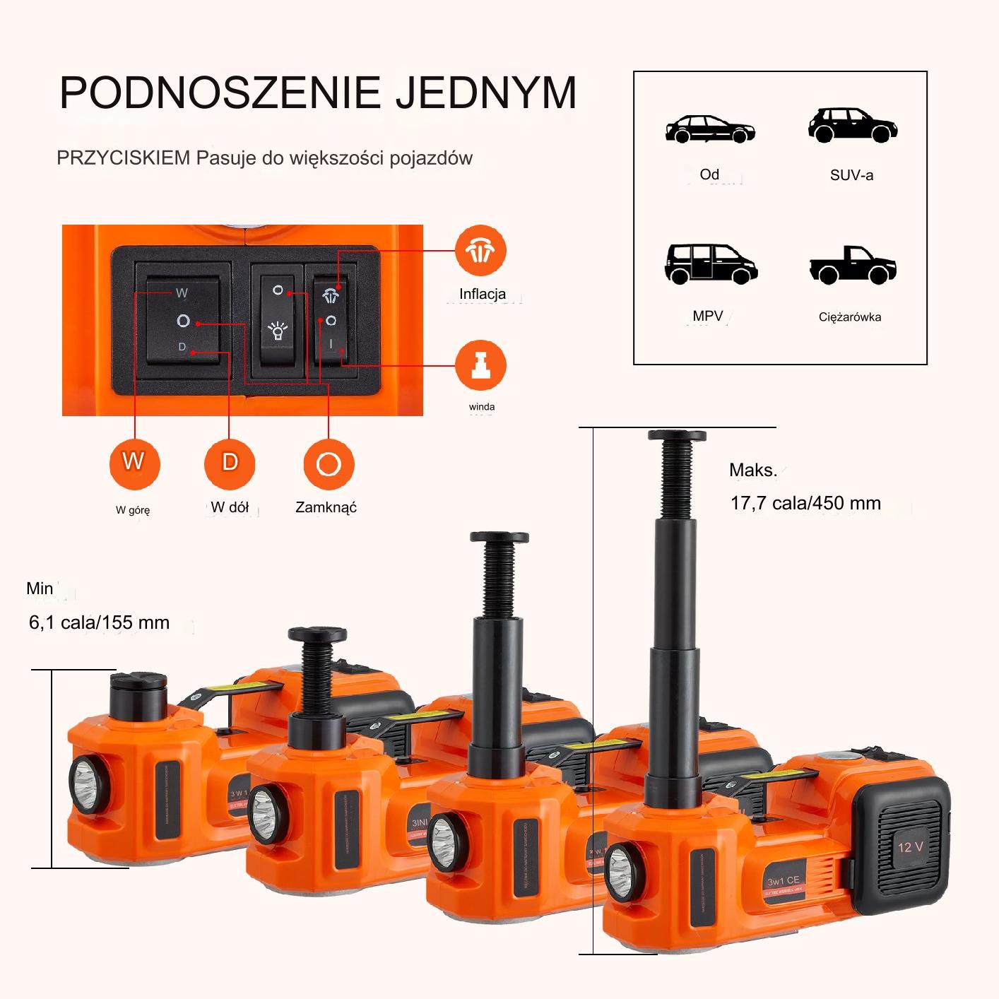 Podnośnik samochodowy elektryczny hydrauliczny 5 t 12 V pompka zestaw mocny - obrazek 3